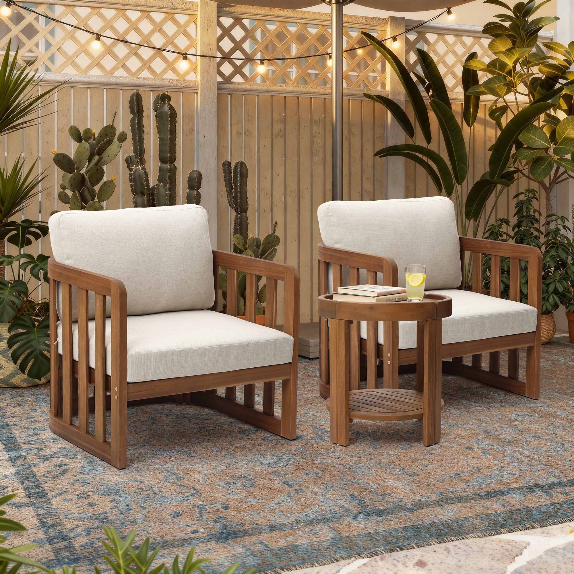 Outdoor Acacia Wood Patio Armchair with Beige Cushions, Slatted Back Design