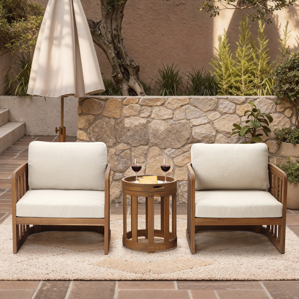 Outdoor Acacia Wood Patio Armchair with Beige Cushions, Slatted Back Design