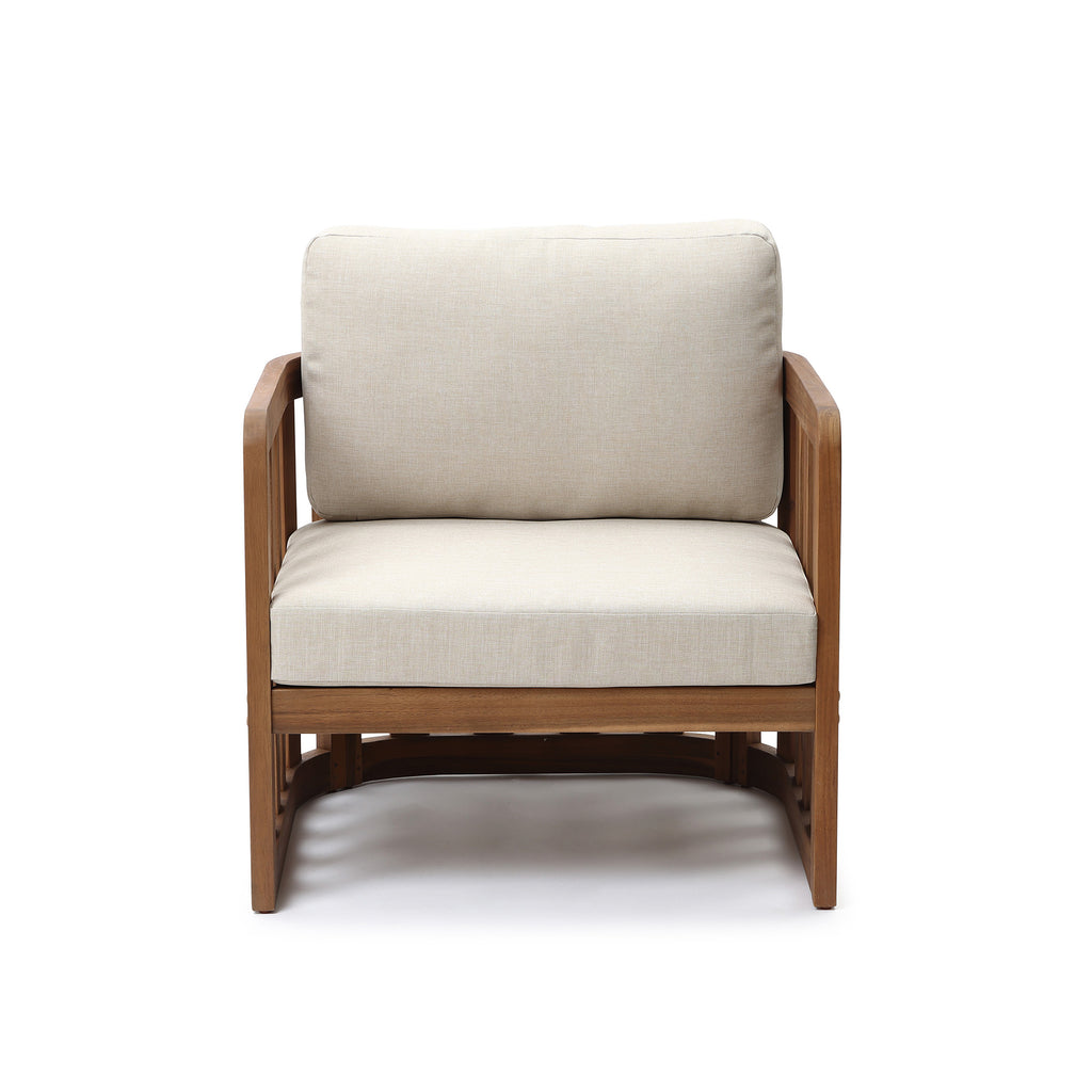 Outdoor Acacia Wood Patio Armchair with Beige Cushions, Slatted Back Design