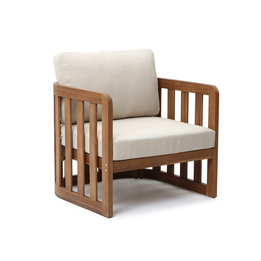 Outdoor Acacia Wood Patio Armchair with Beige Cushions, Slatted Back Design