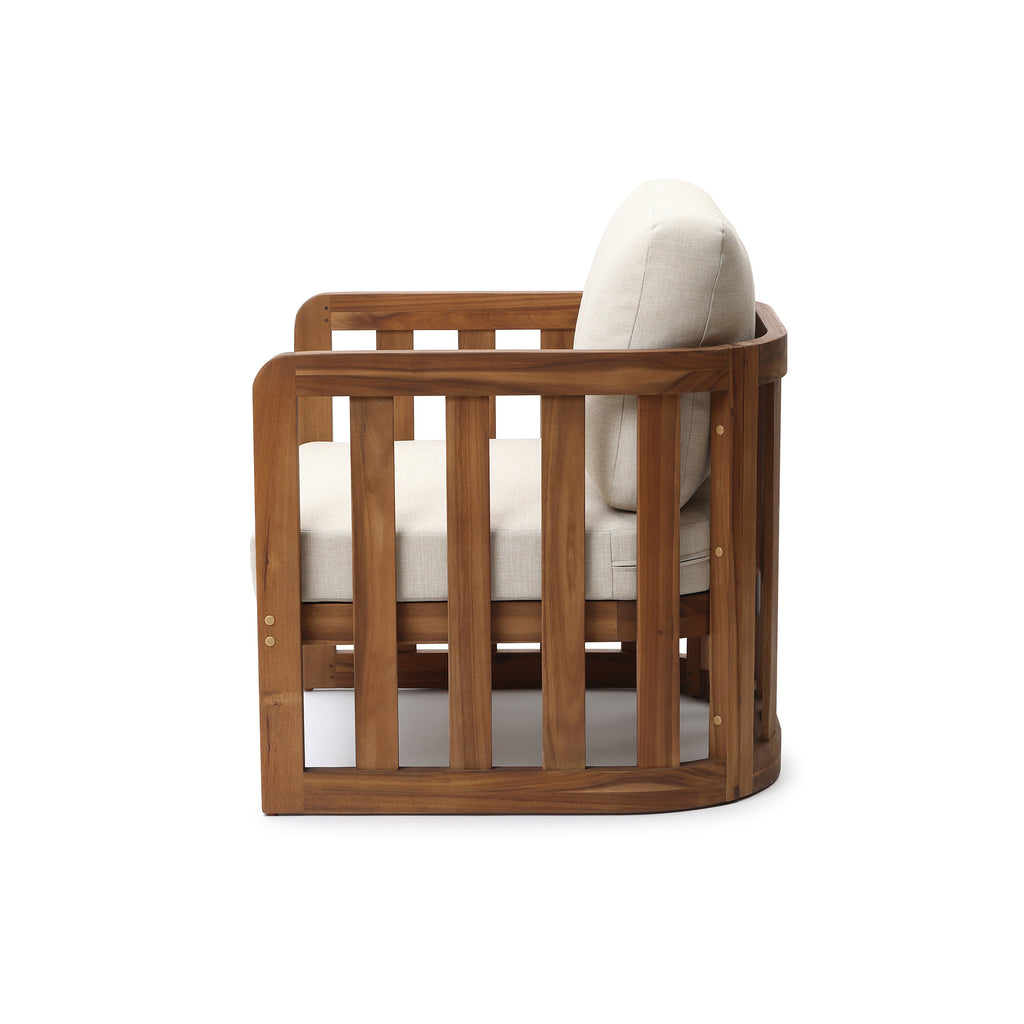 Outdoor Acacia Wood Patio Armchair with Beige Cushions, Slatted Back Design