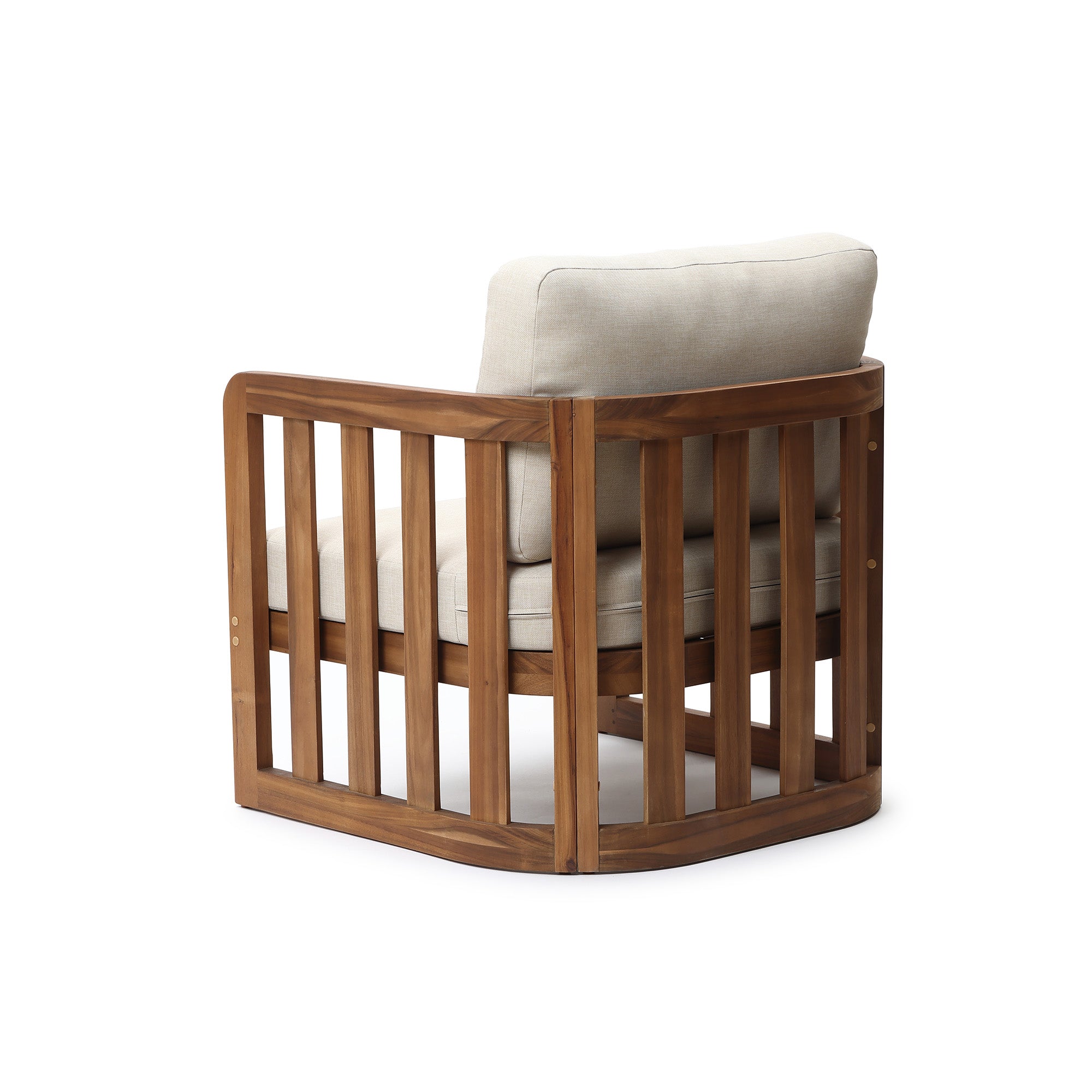 Outdoor Acacia Wood Patio Armchair with Beige Cushions, Slatted Back Design