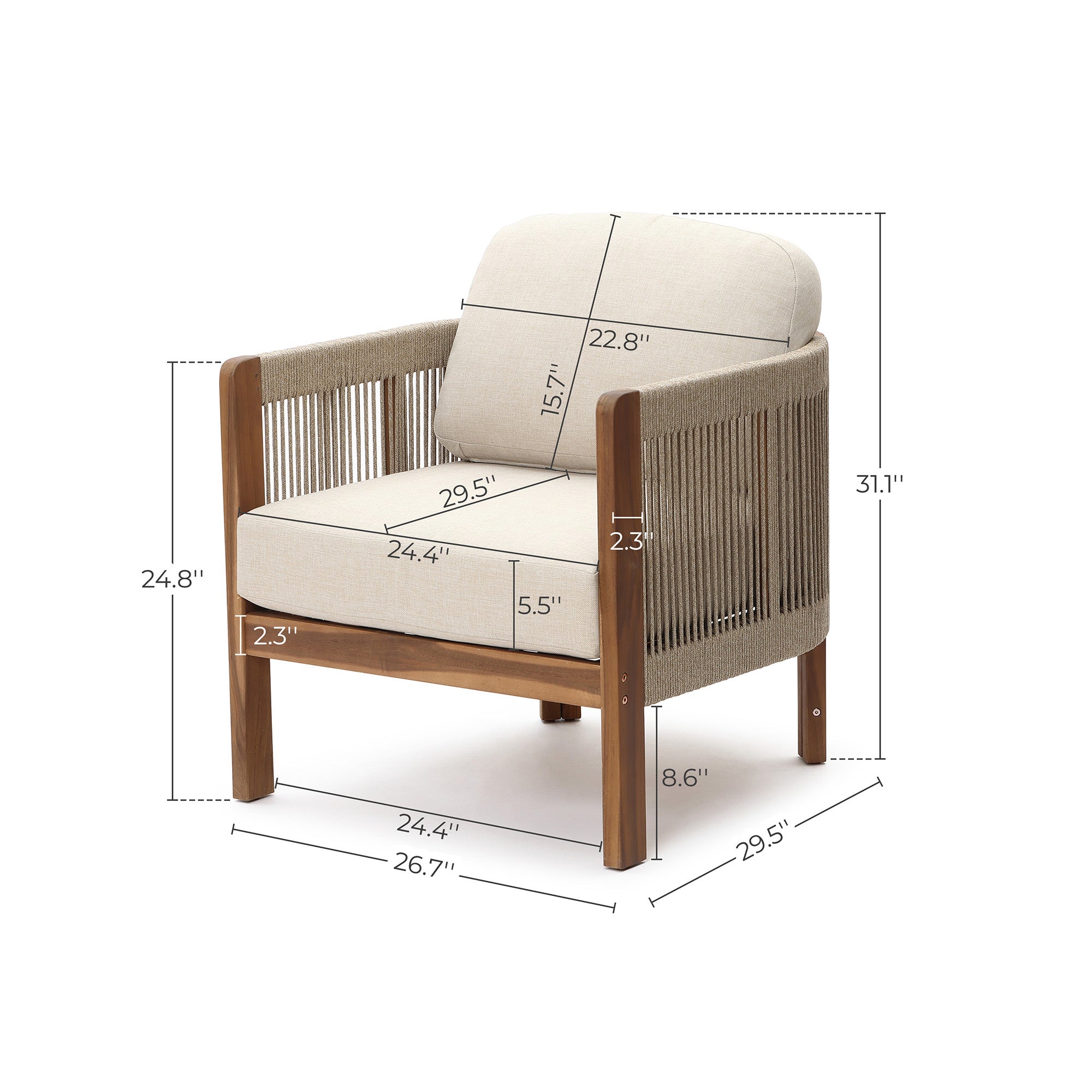 Outdoor Acacia Wood Patio Armchair with Handwoven Rope Backrest & Cushions
