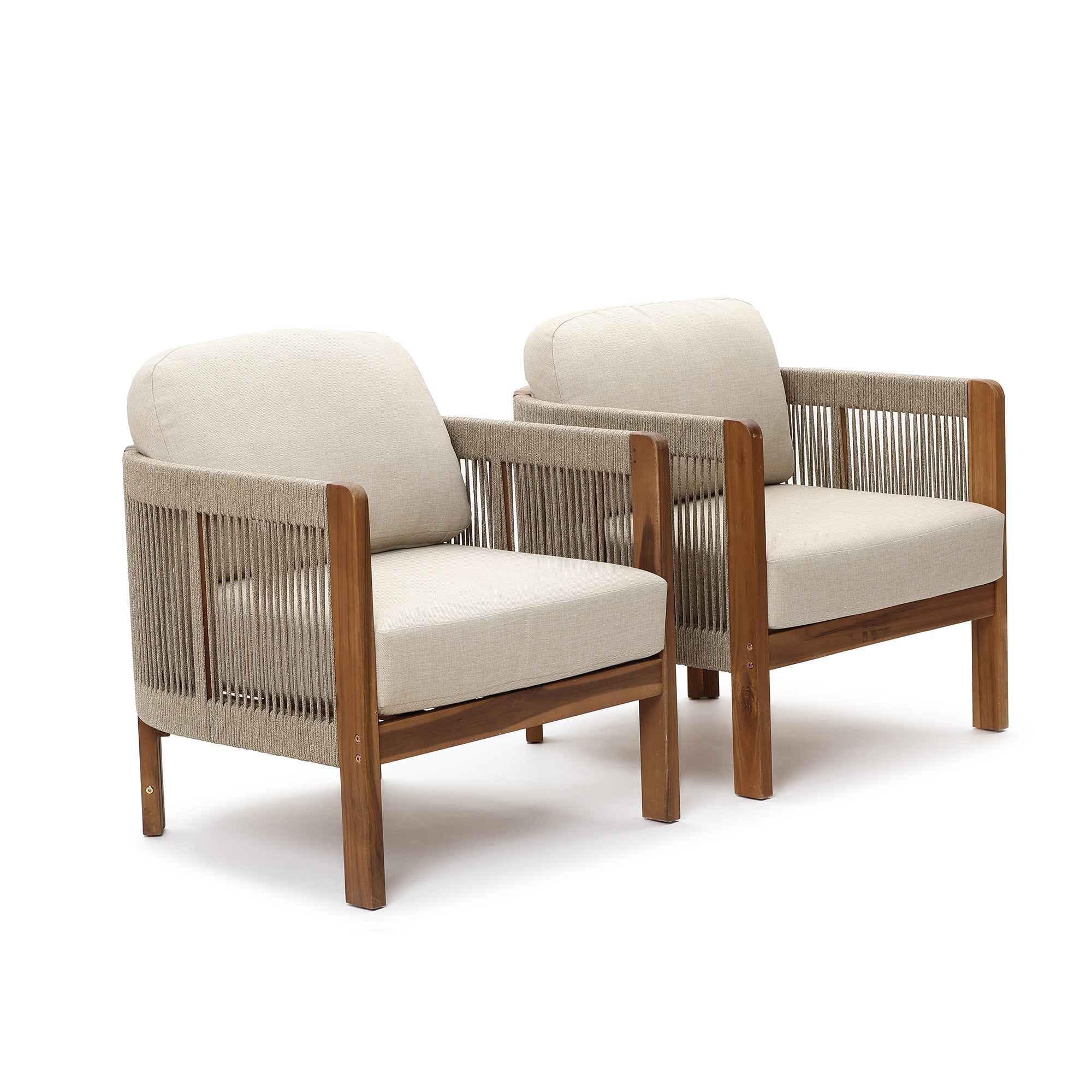 Outdoor Acacia Wood Patio Armchair with Handwoven Rope Backrest & Cushions