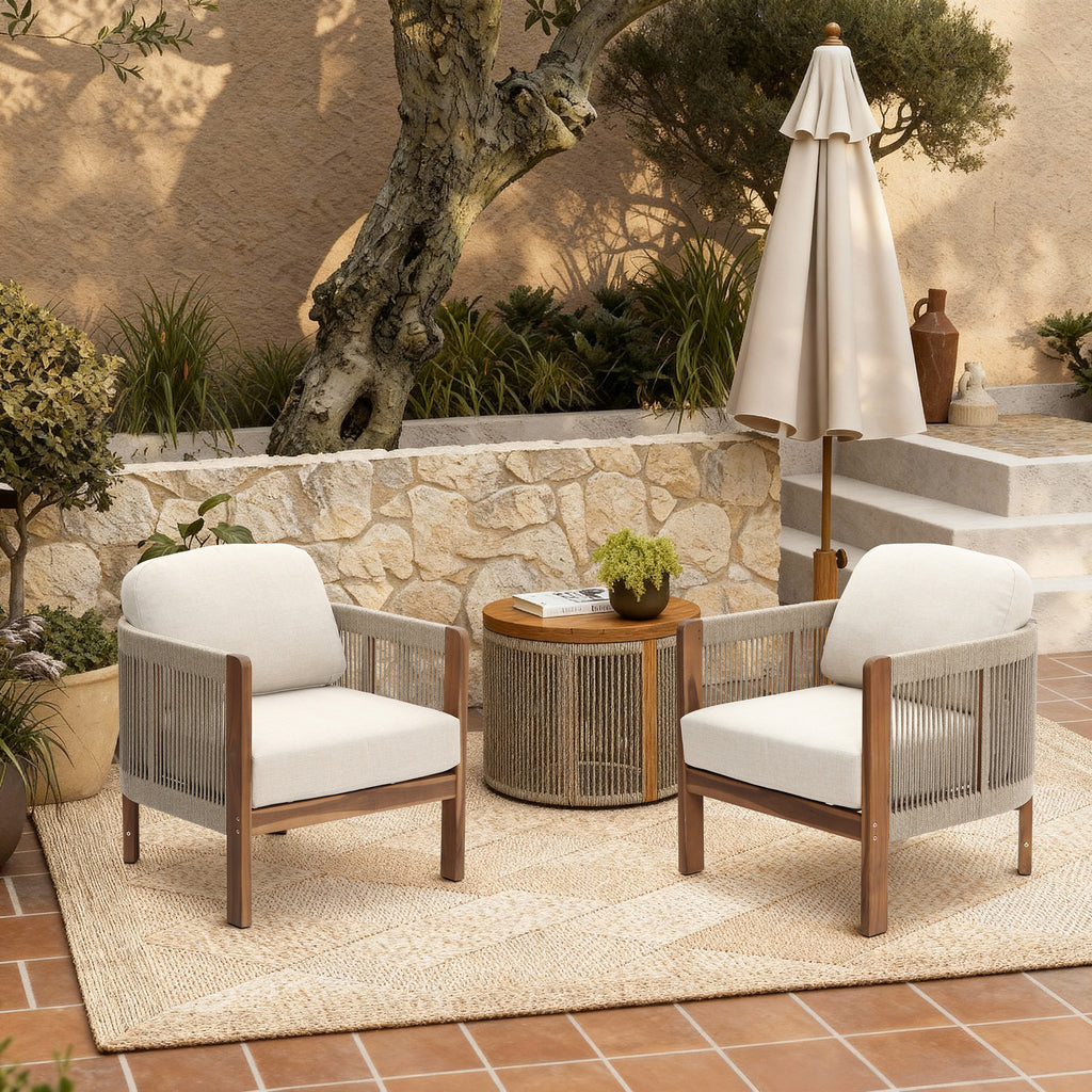 Outdoor Acacia Wood Patio Armchair with Handwoven Rope Backrest & Cushions