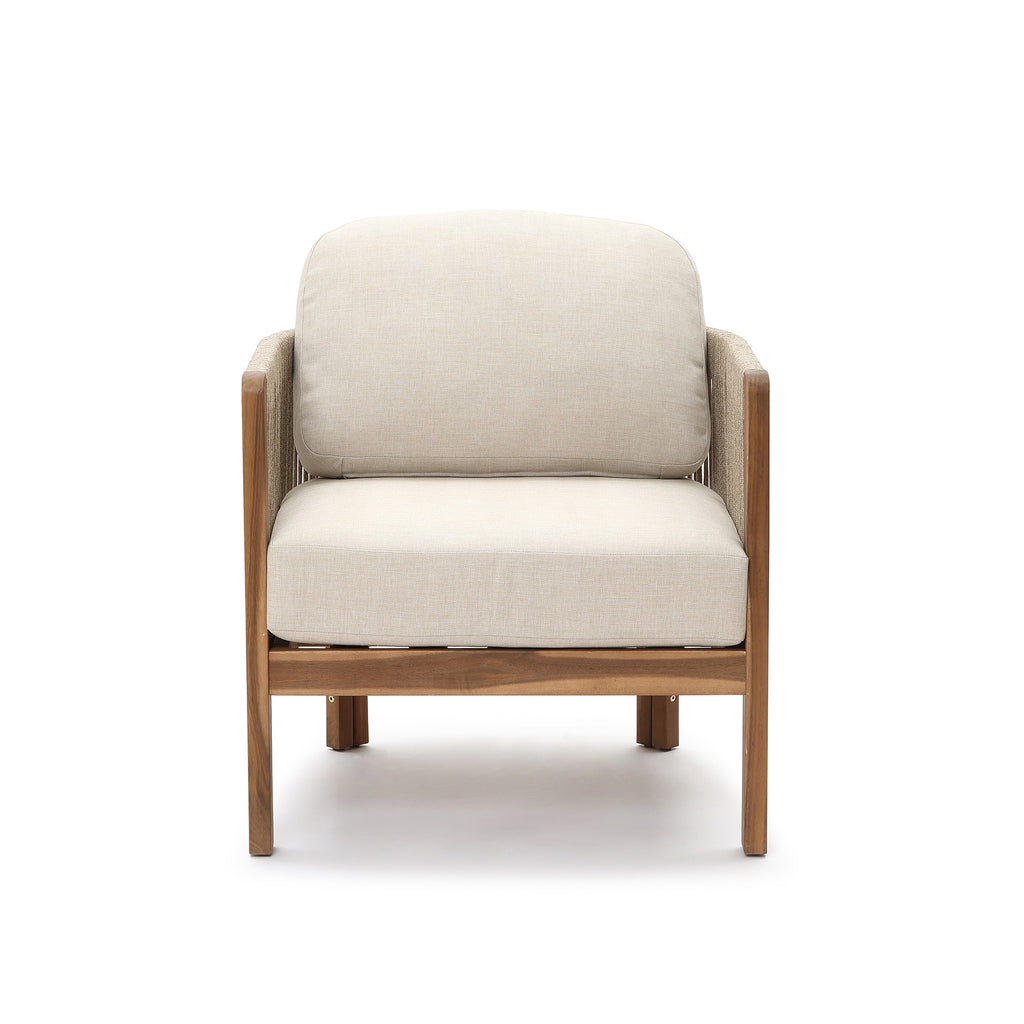 Outdoor Acacia Wood Patio Armchair with Handwoven Rope Backrest & Cushions