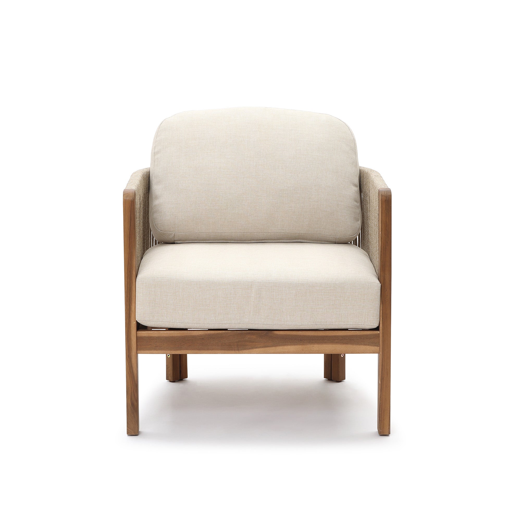 Outdoor Acacia Wood Patio Armchair with Handwoven Rope Backrest & Cushions