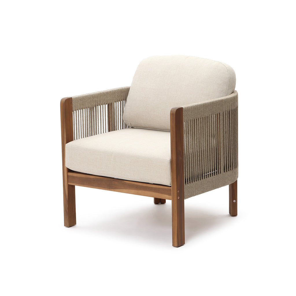 Outdoor Acacia Wood Patio Armchair with Handwoven Rope Backrest & Cushions