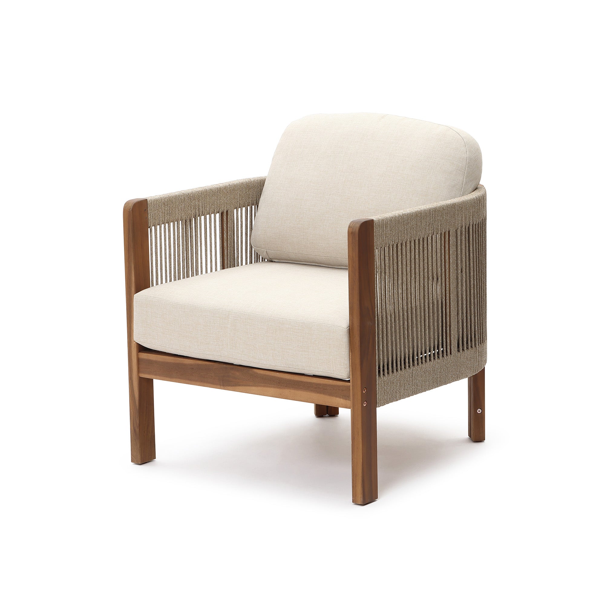 Outdoor Acacia Wood Patio Armchair with Handwoven Rope Backrest & Cushions