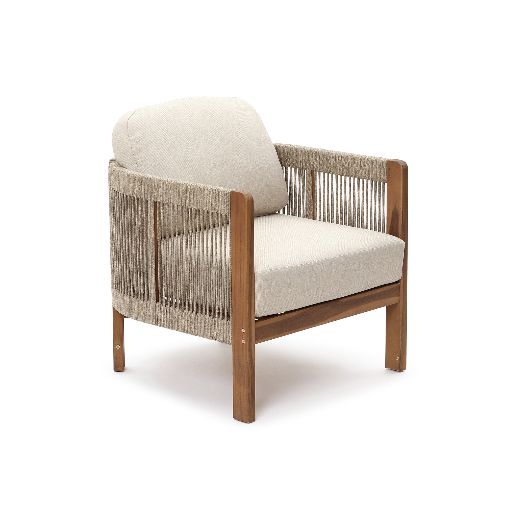 Outdoor Acacia Wood Patio Armchair with Handwoven Rope Backrest & Cushions