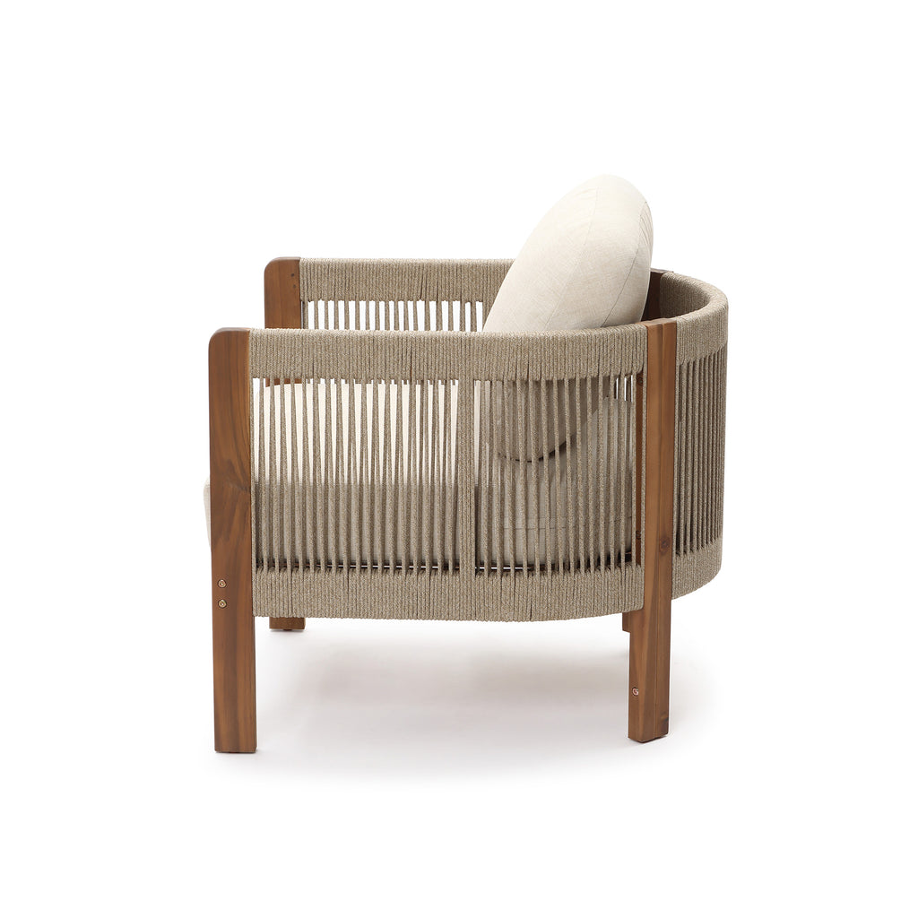 Outdoor Acacia Wood Patio Armchair with Handwoven Rope Backrest & Cushions