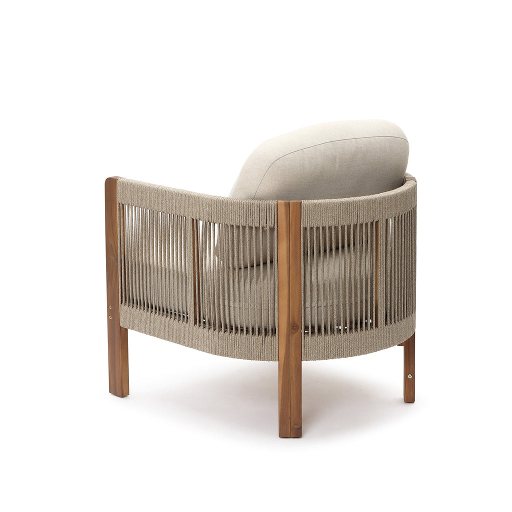 Outdoor Acacia Wood Patio Armchair with Handwoven Rope Backrest & Cushions