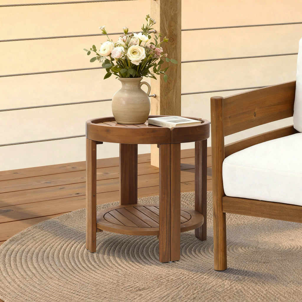 Acacia Outdoor Side Table, Round Patio Table with Tray Top & Shelf, 20.4" Height