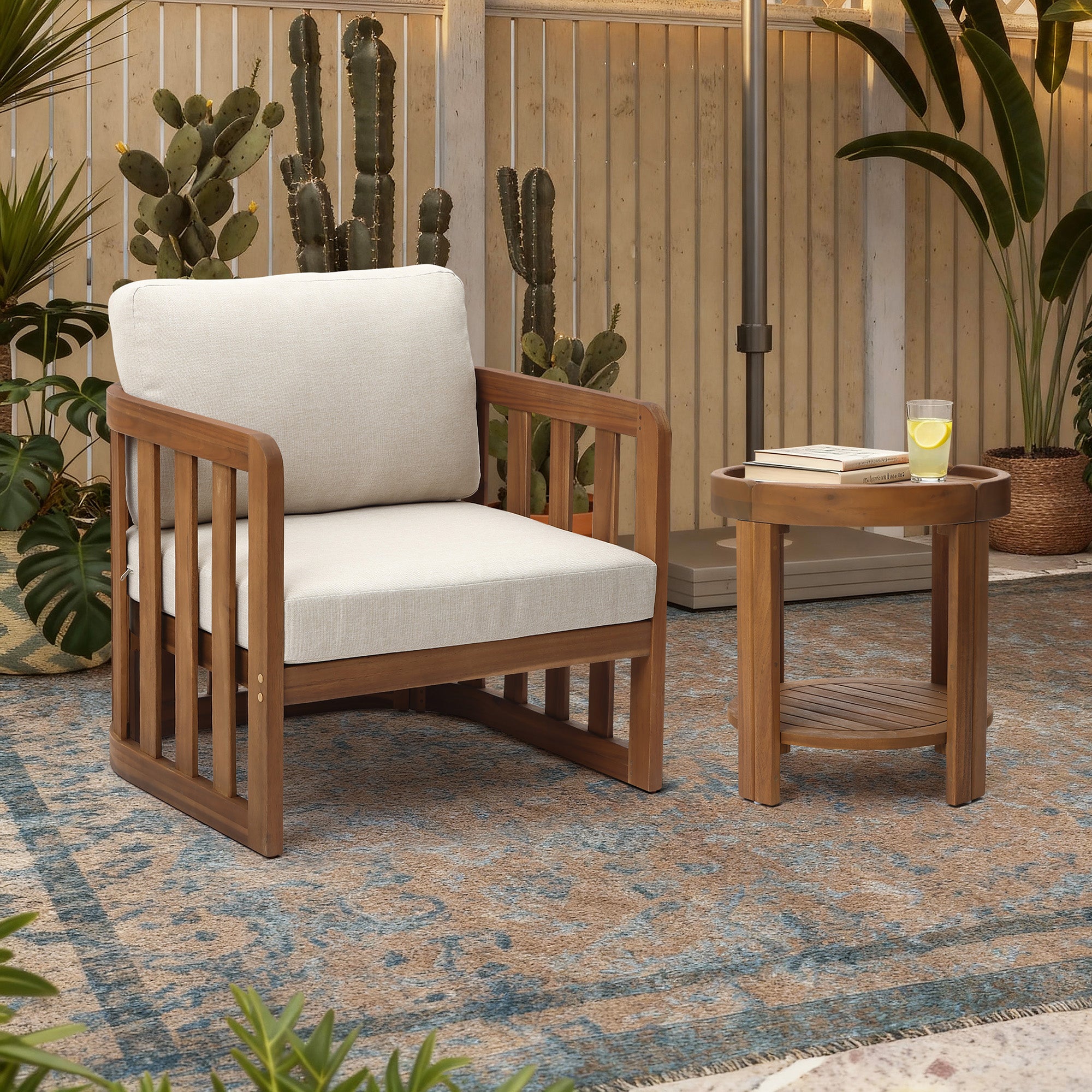 Acacia Outdoor Side Table, Round Patio Table with Tray Top & Shelf, 20.4" Height