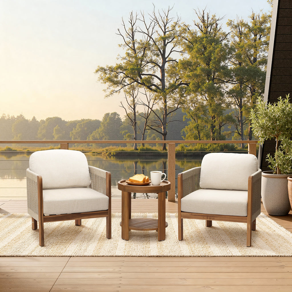 Acacia Outdoor Side Table, Round Patio Table with Tray Top & Shelf, 20.4" Height