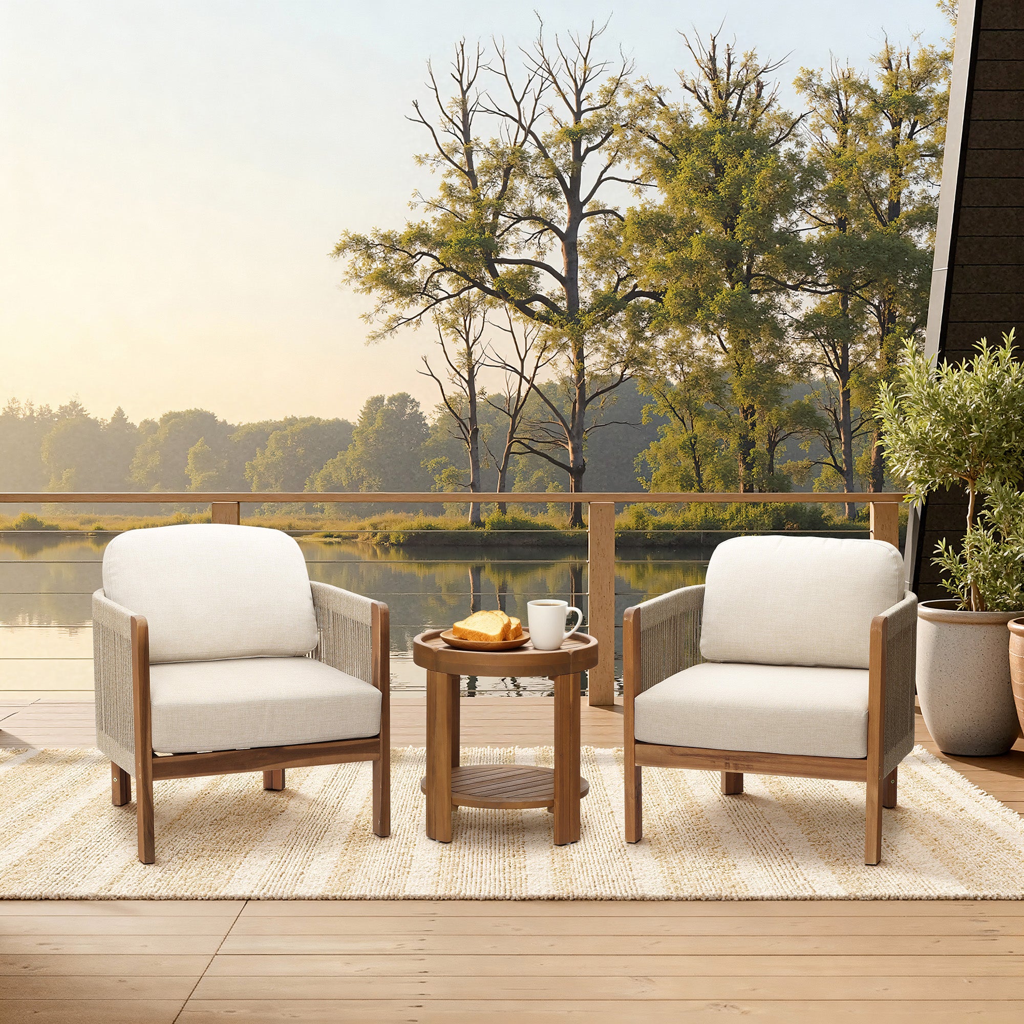 Acacia Outdoor Side Table, Round Patio Table with Tray Top & Shelf, 20.4" Height