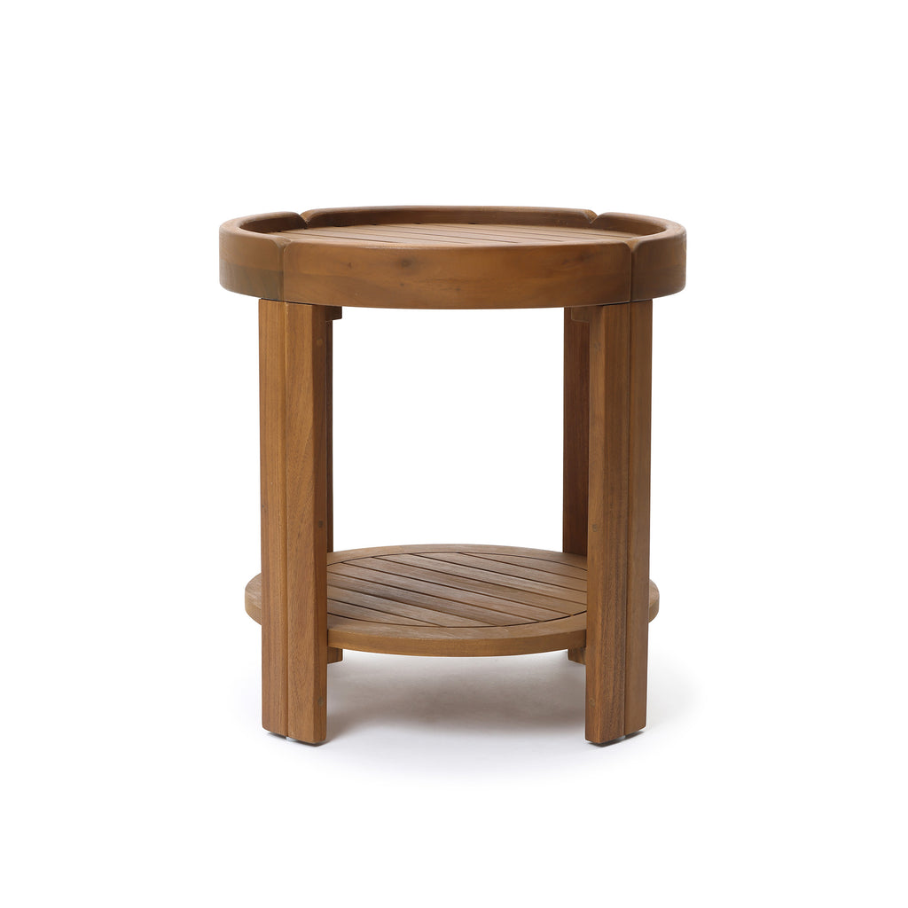 Acacia Outdoor Side Table, Round Patio Table with Tray Top & Shelf, 20.4" Height