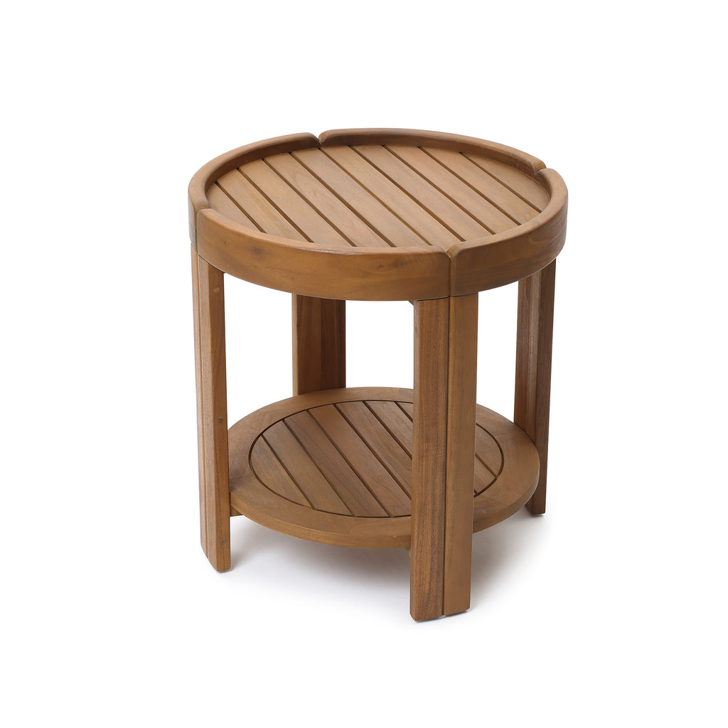 Acacia Outdoor Side Table, Round Patio Table with Tray Top & Shelf, 20.4" Height