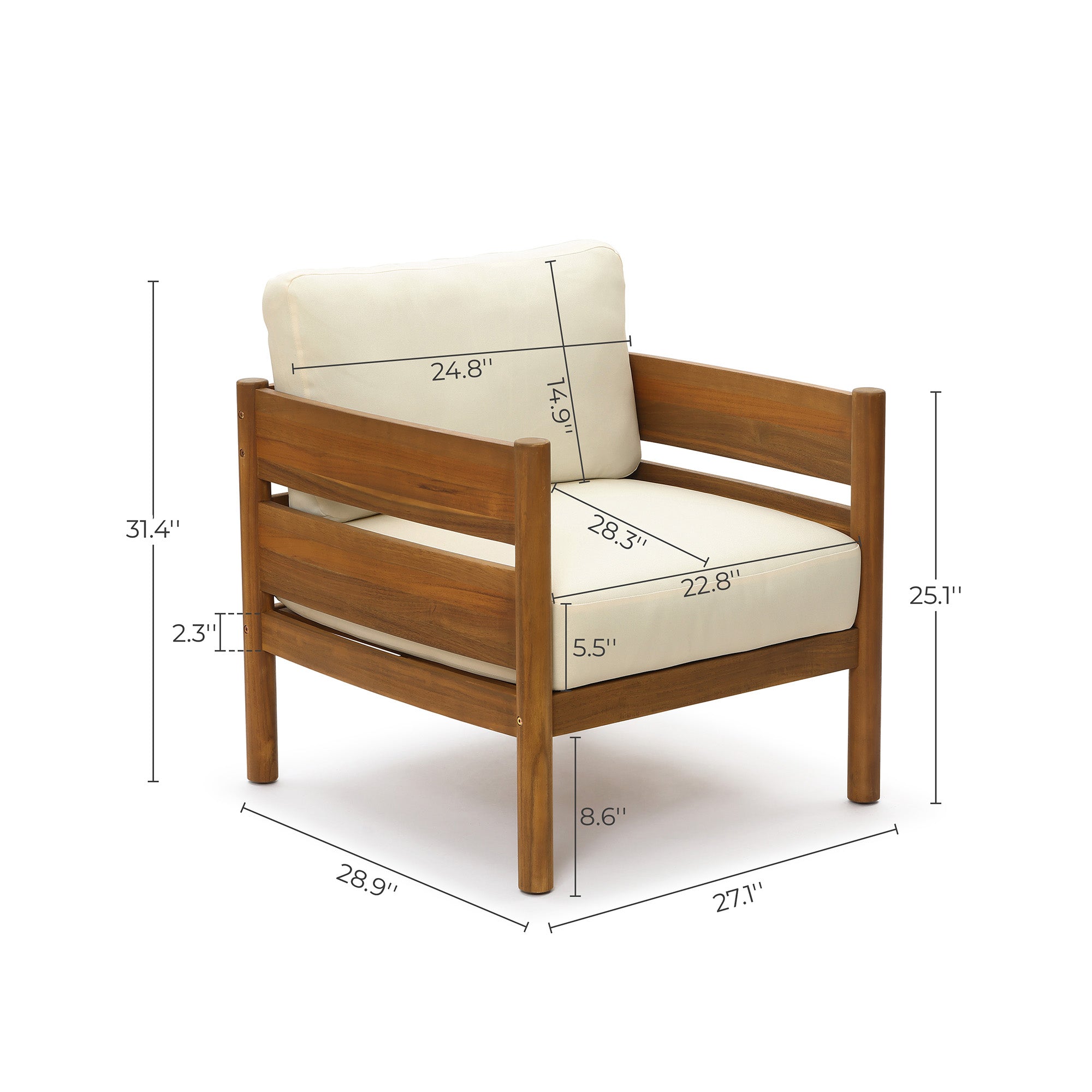 Outdoor Armchair, Acacia Wood Frame with 5.9" Thick Cushions