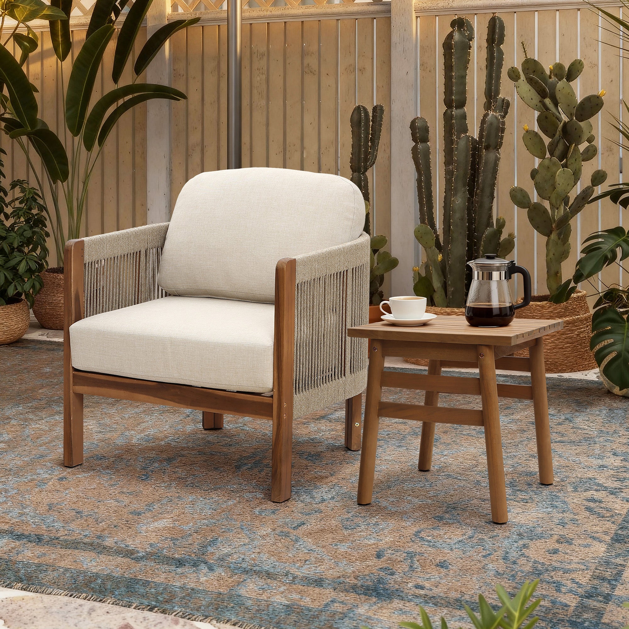 Acacia Outdoor Side Table, Square Patio Table with Oil Finish, 18.5" Height