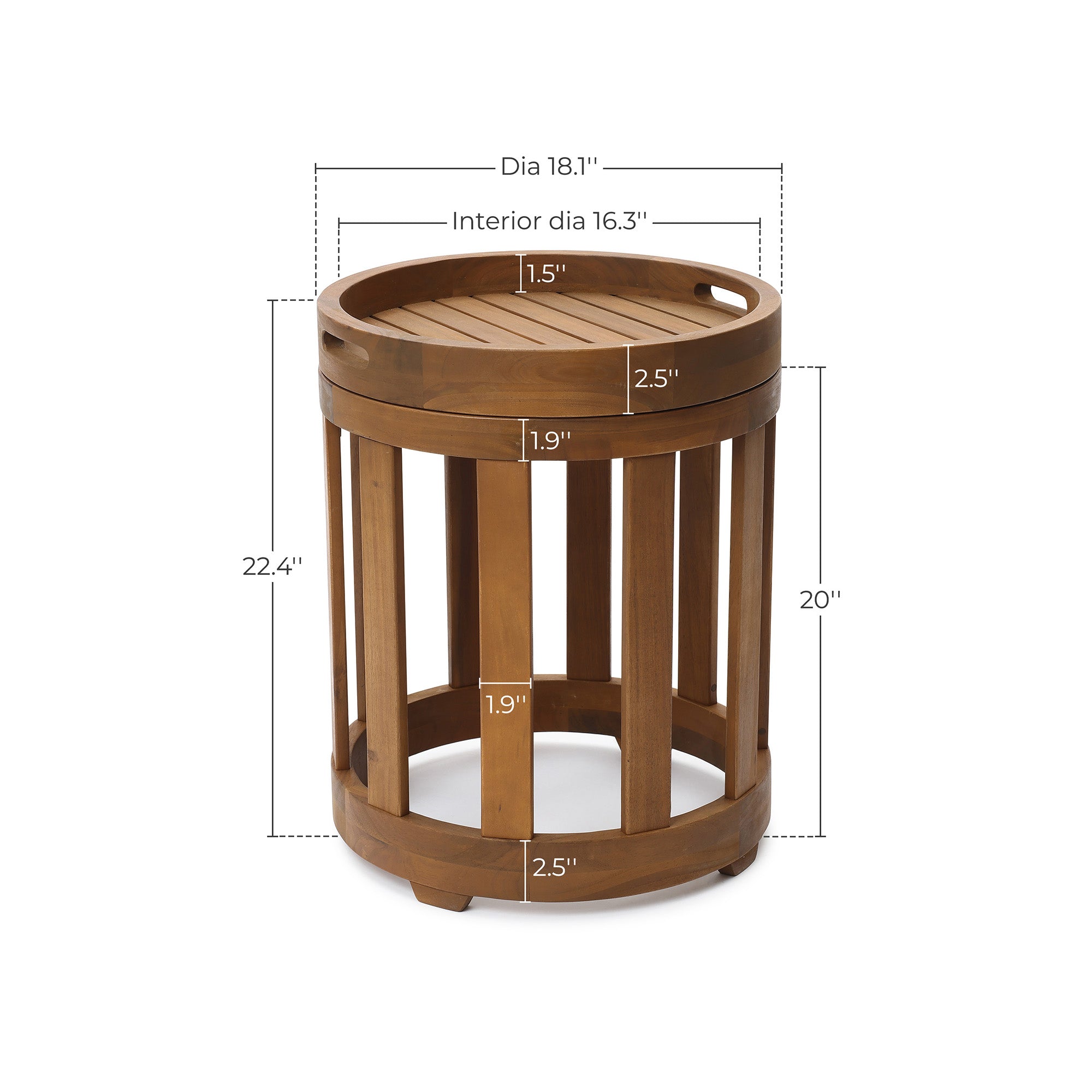 Acacia Outdoor Drum Side Table, Round Patio Table with Removable Tray Top