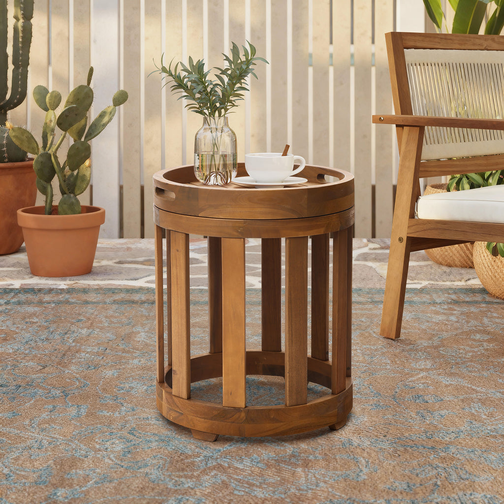 Acacia Outdoor Drum Side Table, Round Patio Table with Removable Tray Top