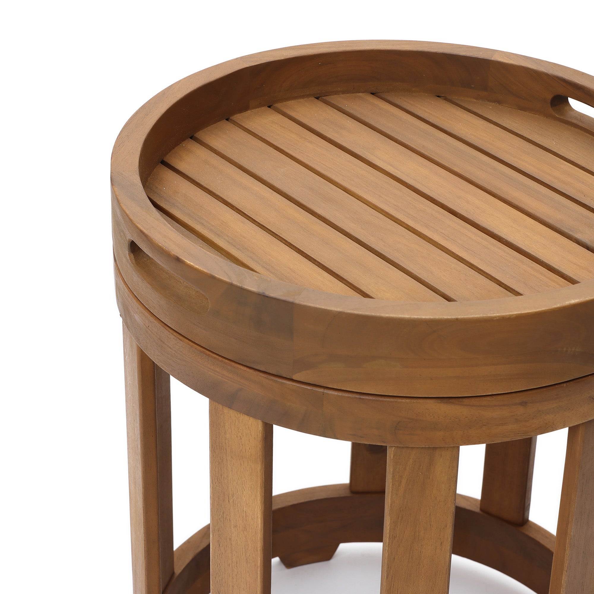 Acacia Outdoor Drum Side Table, Round Patio Table with Removable Tray Top