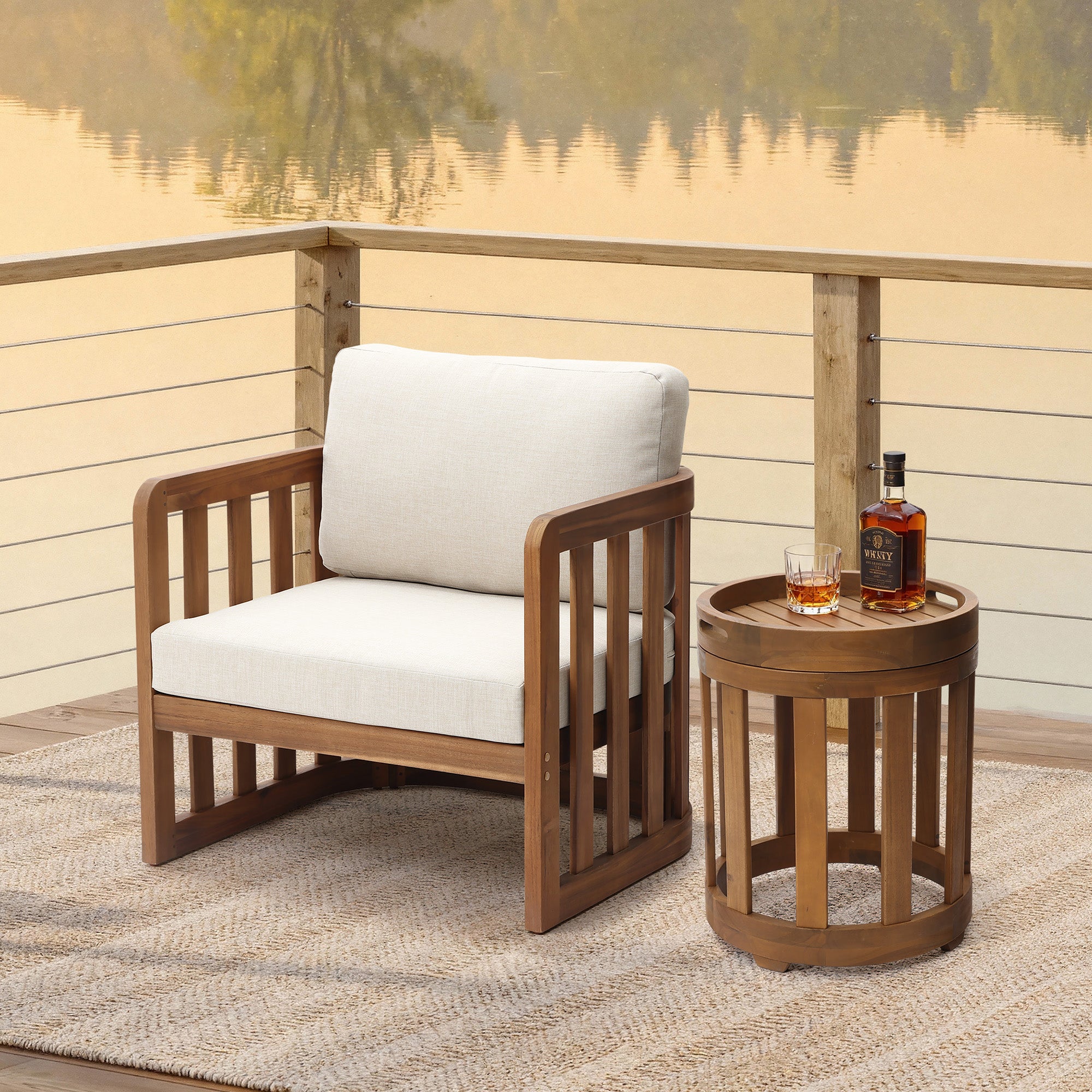 Acacia Outdoor Drum Side Table, Round Patio Table with Removable Tray Top
