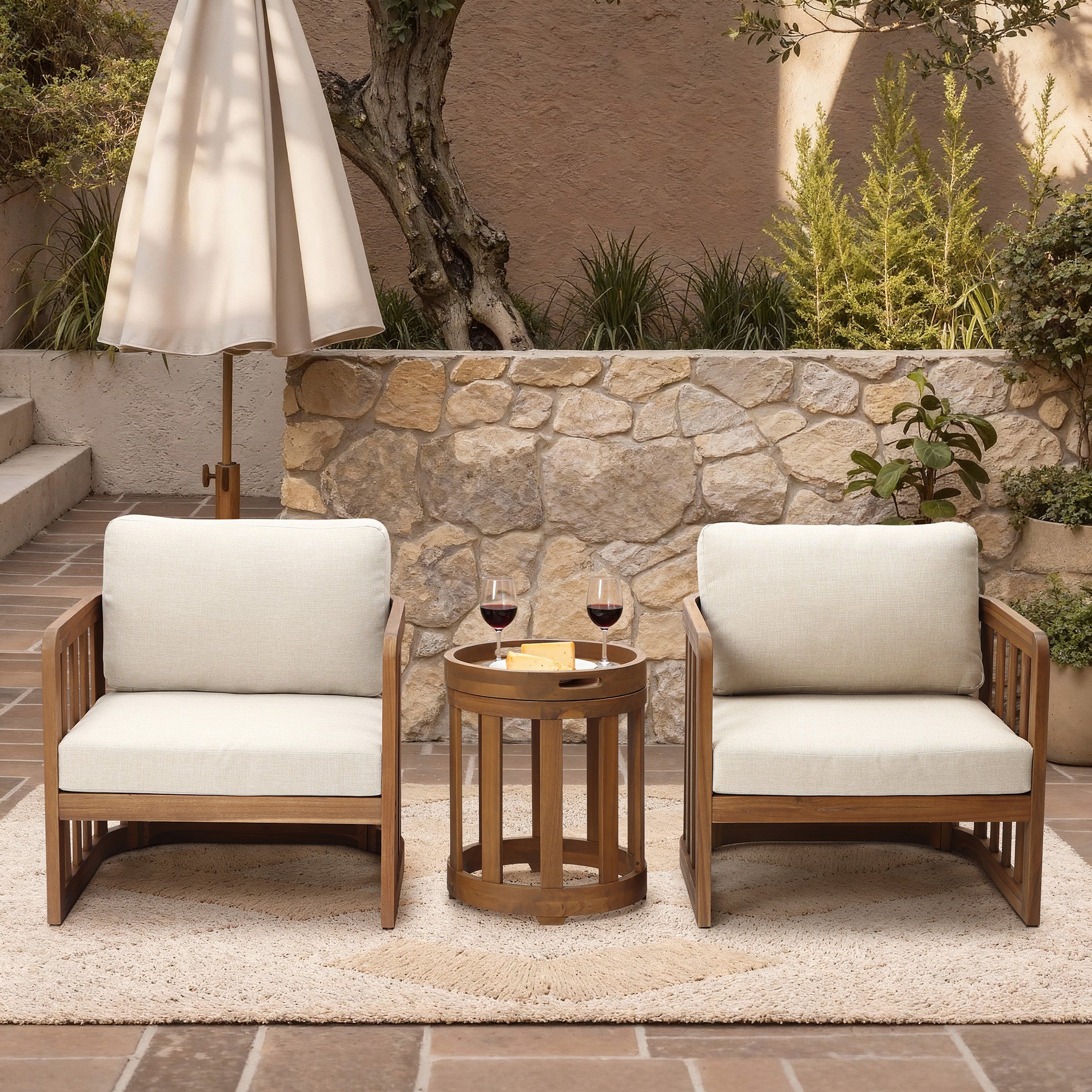 Acacia Outdoor Drum Side Table, Round Patio Table with Removable Tray Top
