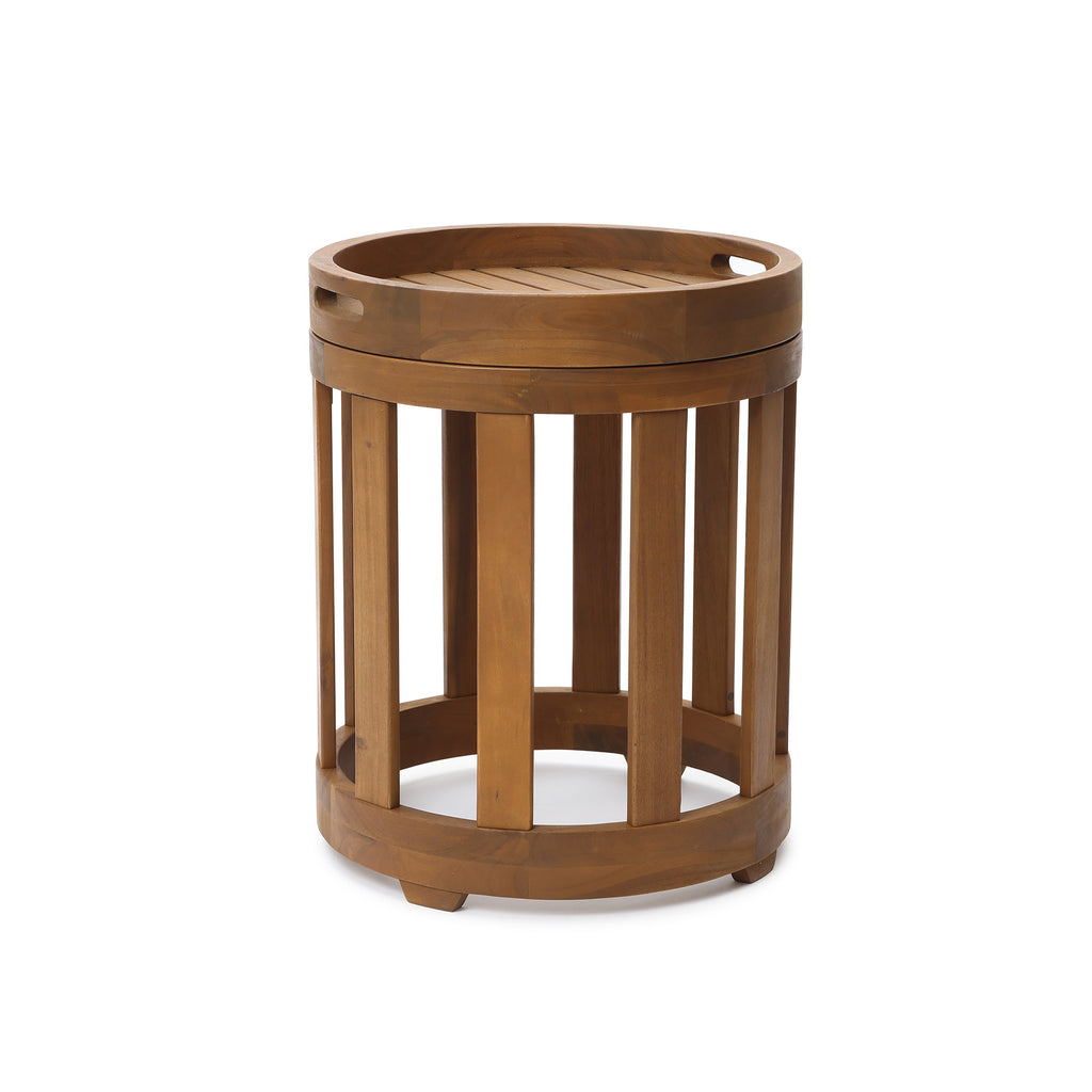 Acacia Outdoor Drum Side Table, Round Patio Table with Removable Tray Top