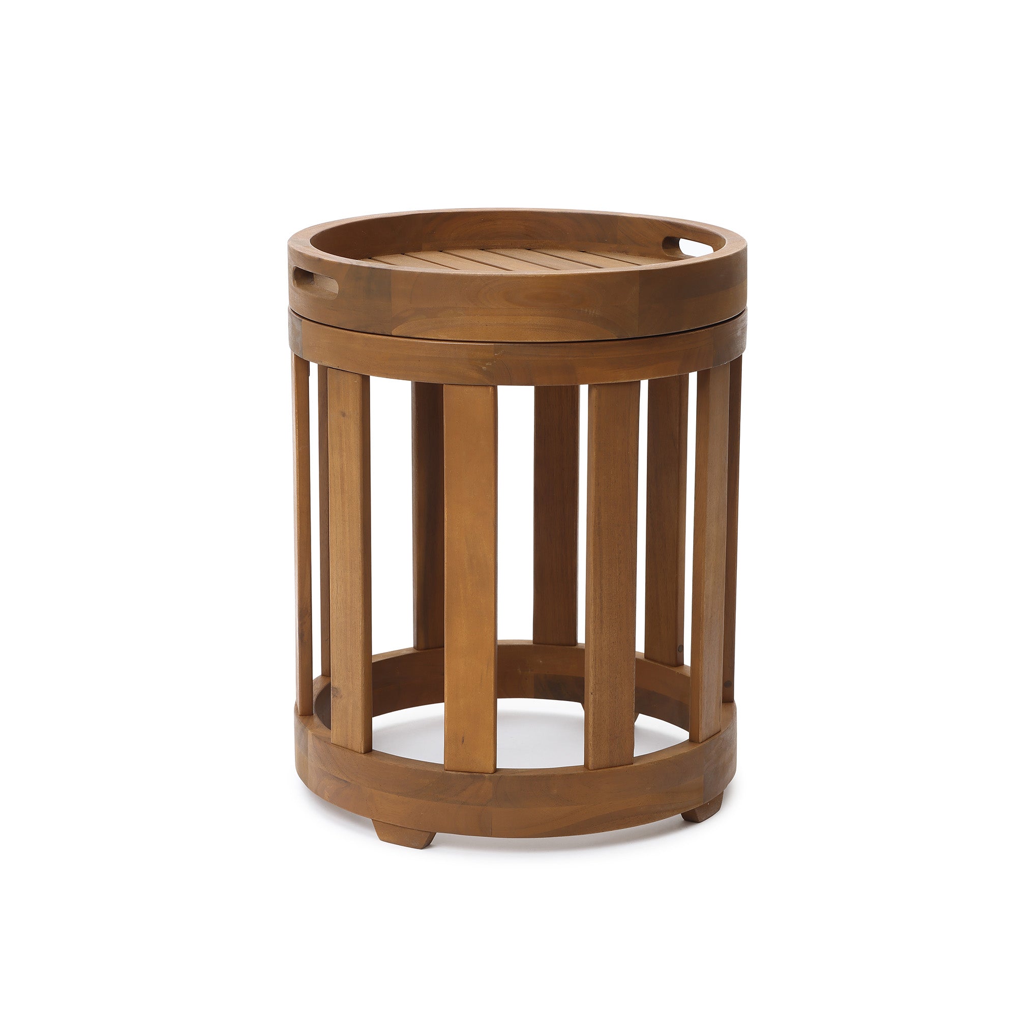 Acacia Outdoor Drum Side Table, Round Patio Table with Removable Tray Top