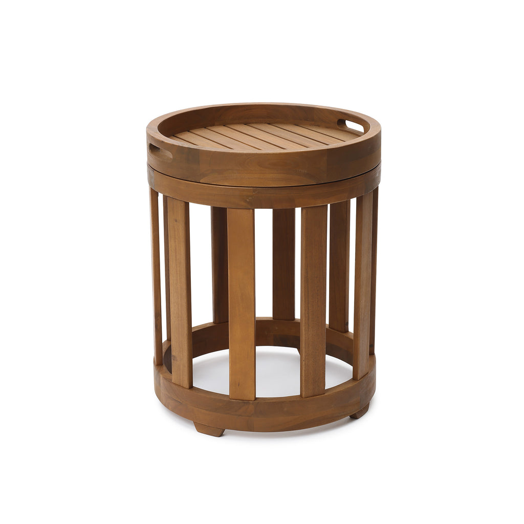 Acacia Outdoor Drum Side Table, Round Patio Table with Removable Tray Top