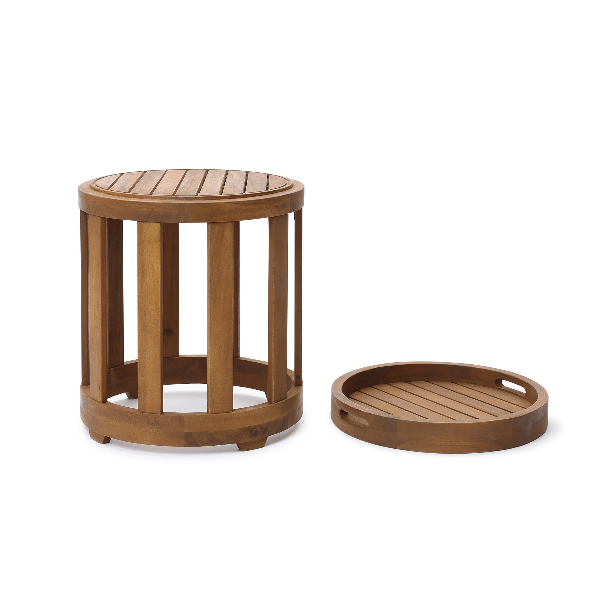 Acacia Outdoor Drum Side Table, Round Patio Table with Removable Tray Top