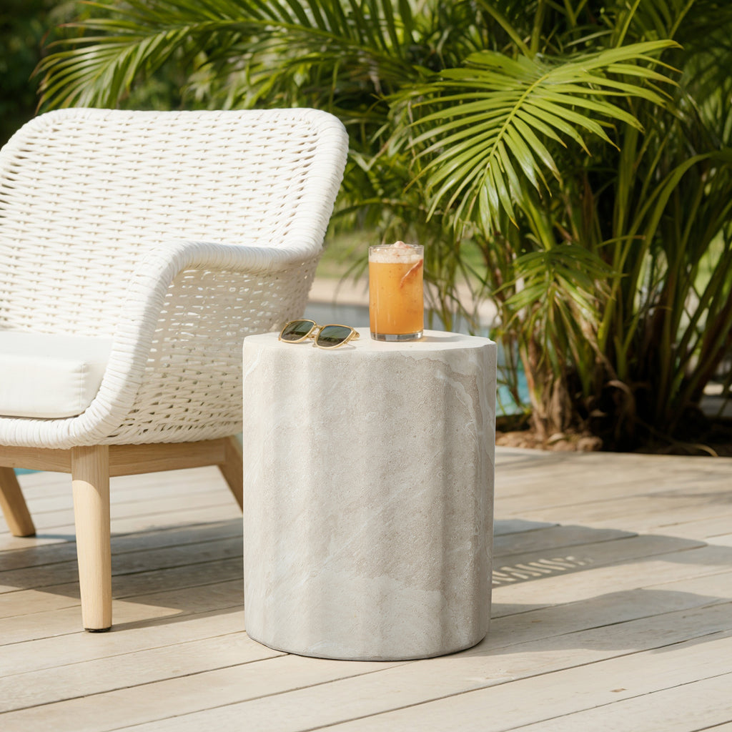 Faux Travertine MgO Outdoor Side Table, 17.72″ Tall, Small Space Friendly