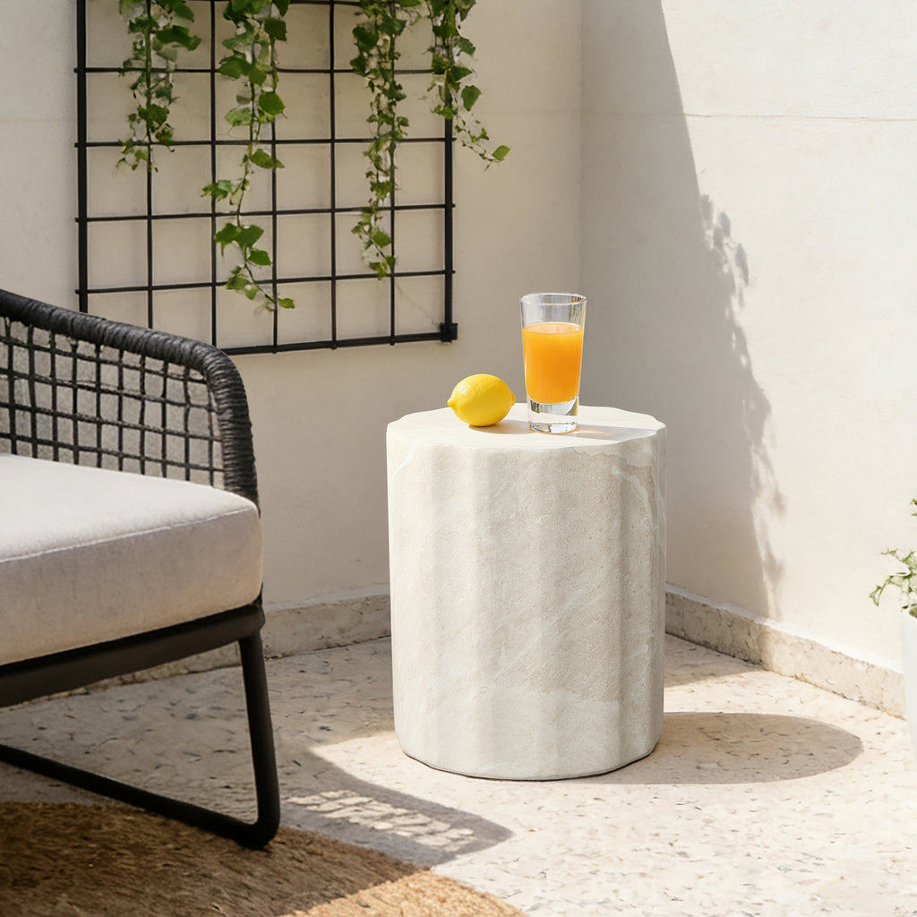 Faux Travertine MgO Outdoor Side Table, 17.72″ Tall, Small Space Friendly