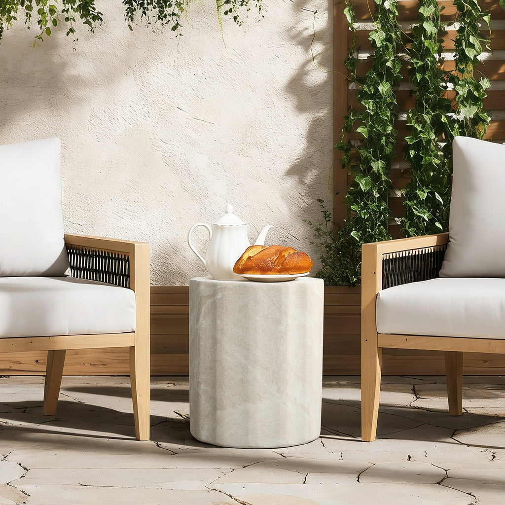 Faux Travertine MgO Outdoor Side Table, 17.72″ Tall, Small Space Friendly