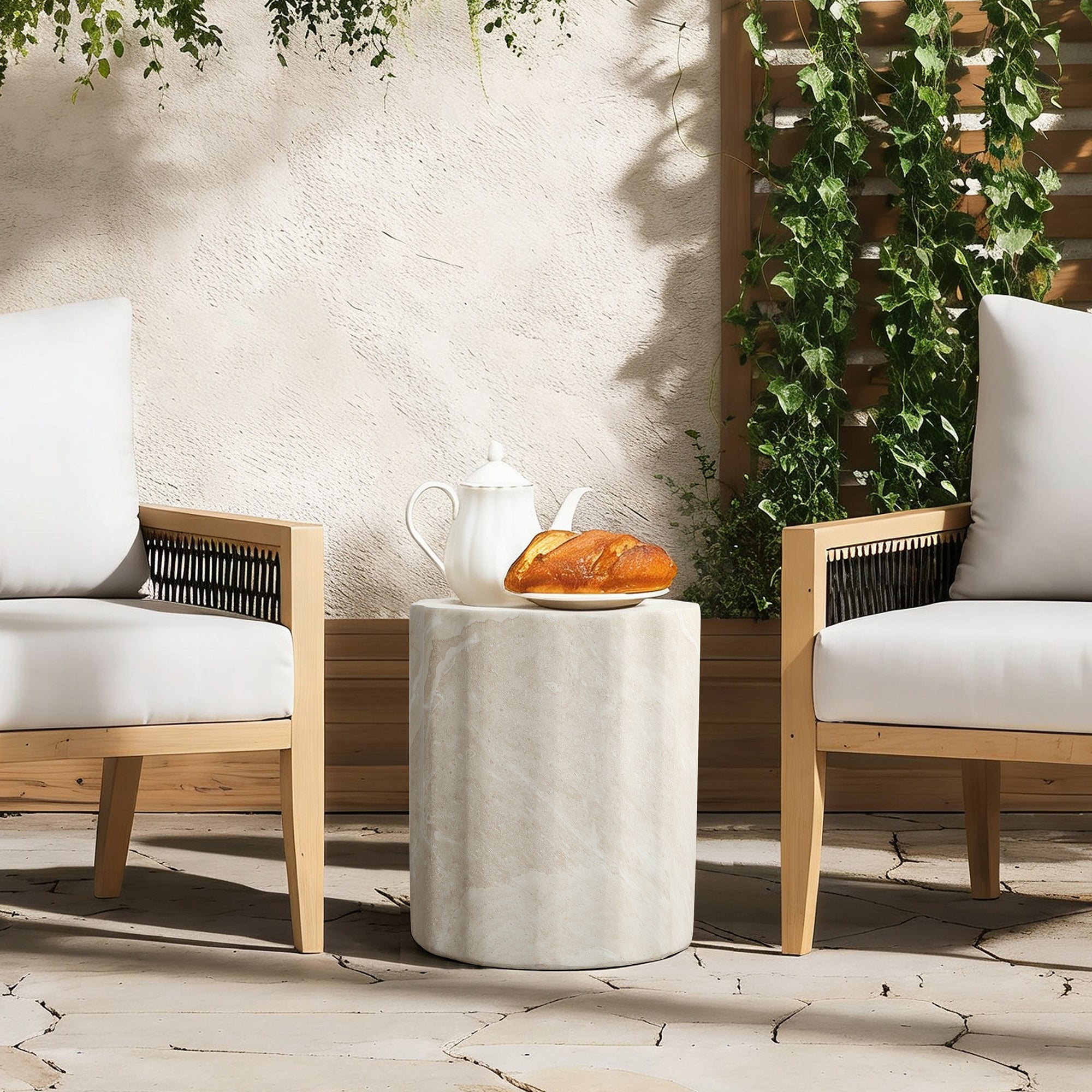Faux Travertine MgO Outdoor Side Table, 17.72″ Tall, Small Space Friendly
