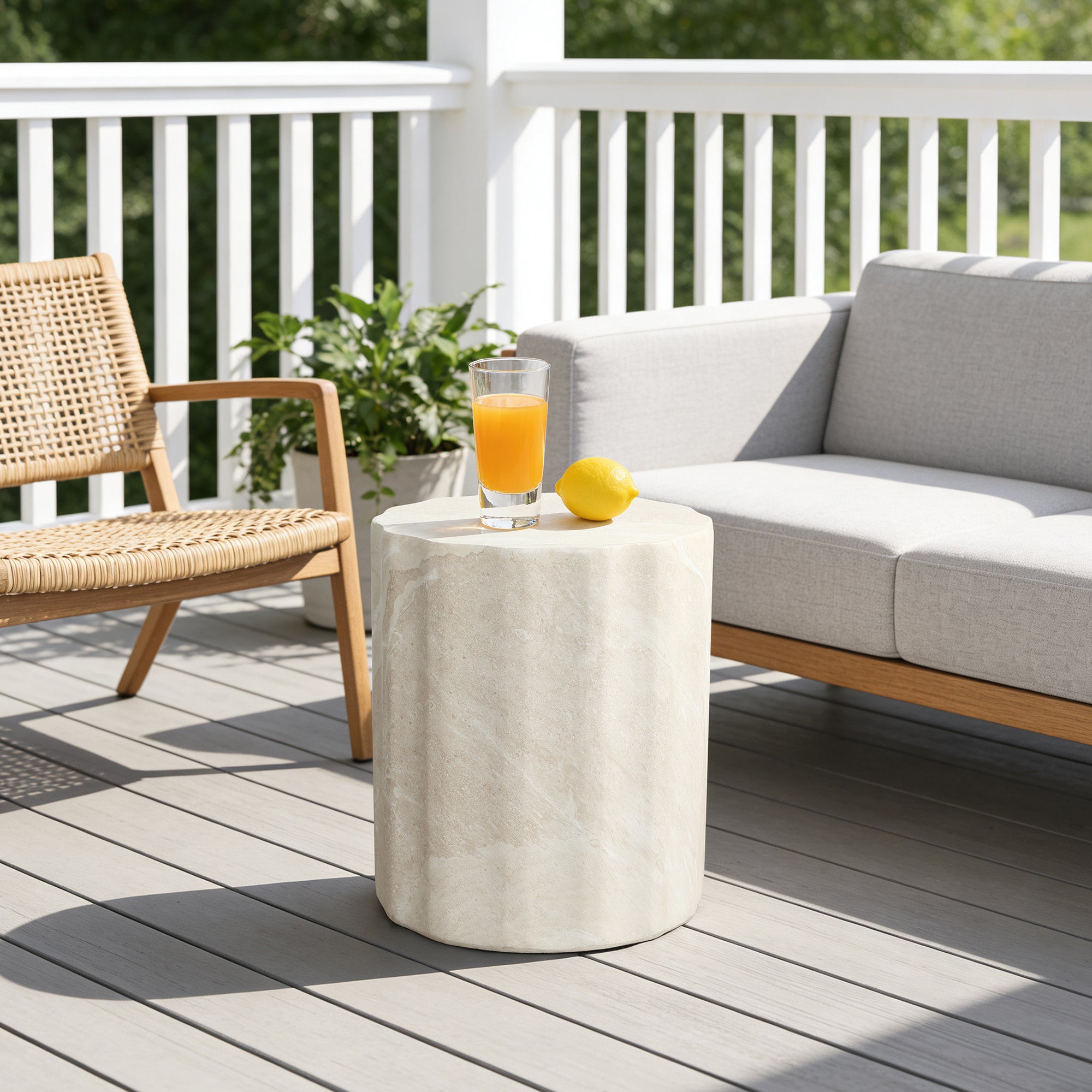 Faux Travertine MgO Outdoor Side Table, 17.72″ Tall, Small Space Friendly