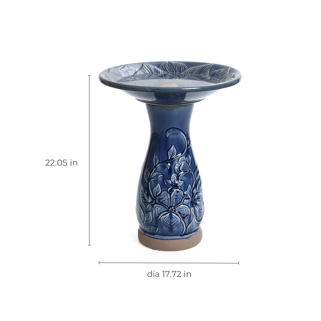 Blue Petals and Vines 22-Inch Tall Ceramic Birdbath