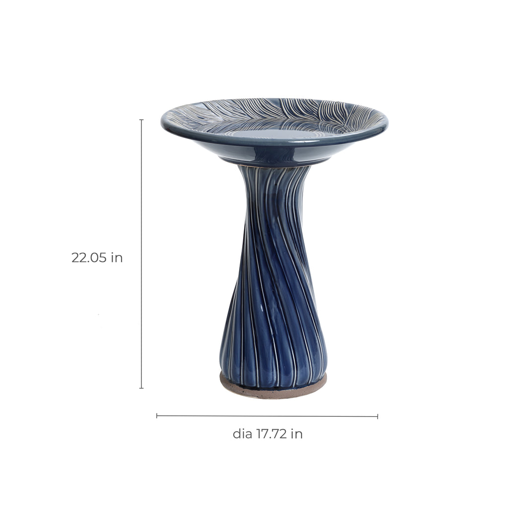 Blue Leaves and Swirl 22-Inch Tall Ceramic Birdbath
