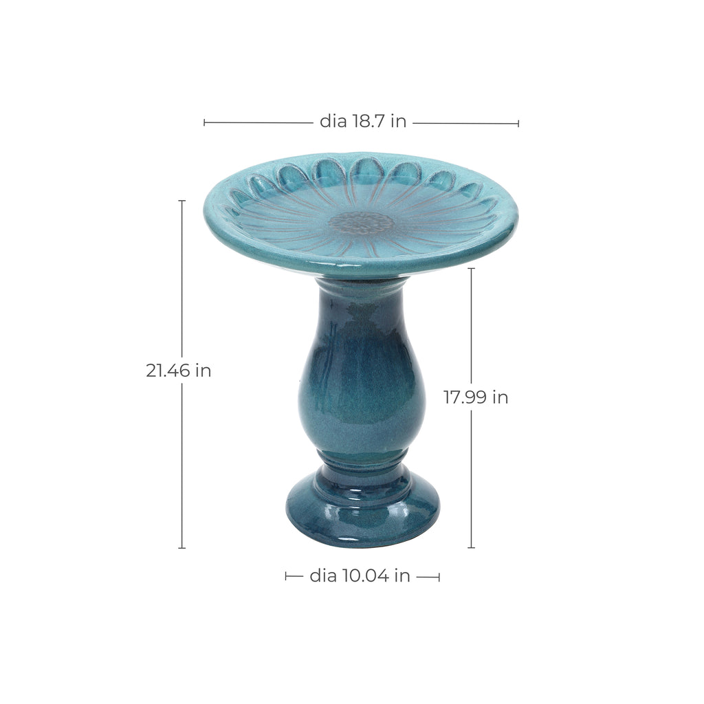 Dark Green Flower 21.65-Inch Tall Ceramic Birdbath