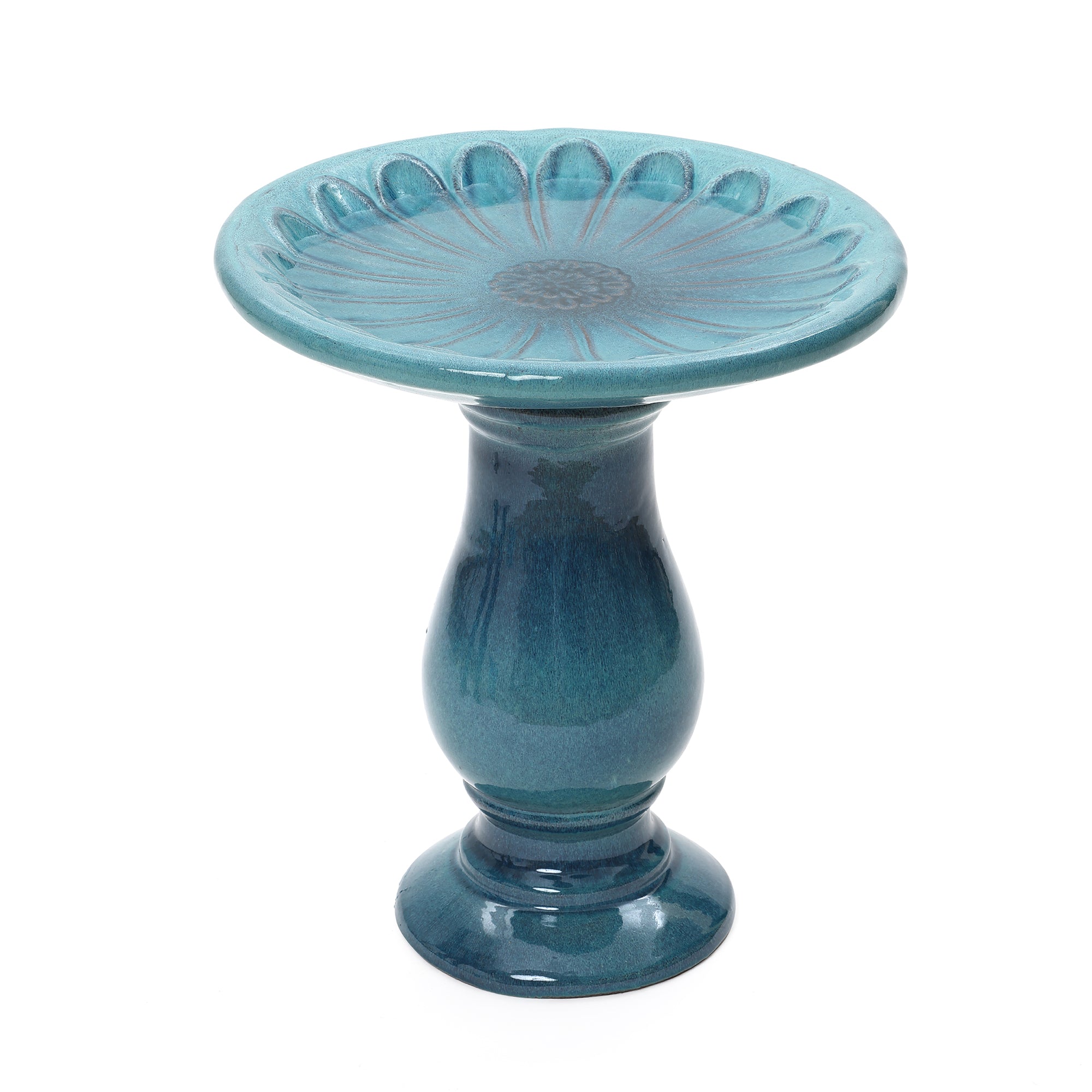 Dark Green Flower 21.65-Inch Tall Ceramic Birdbath