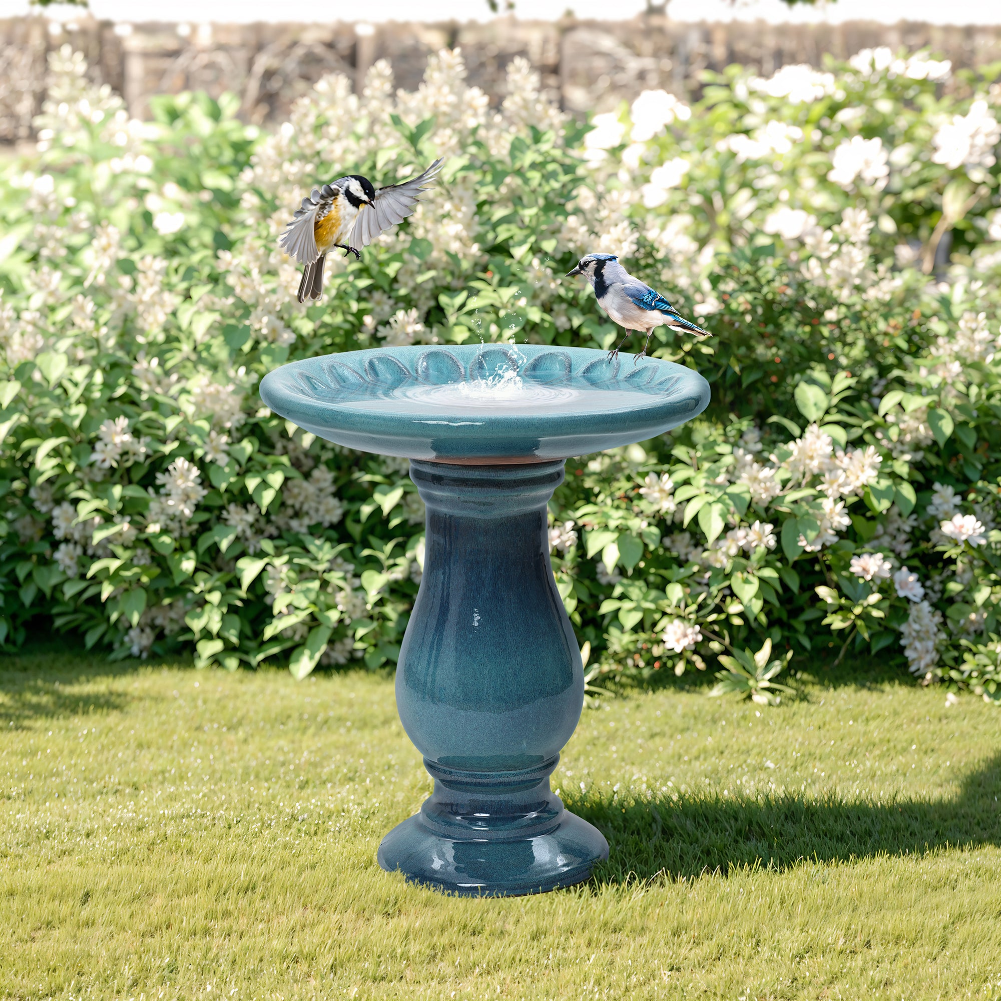 Blue-Green Glazed Ceramic Pedestal Birdbath, 21.5" Tall Outdoor Garden Accent