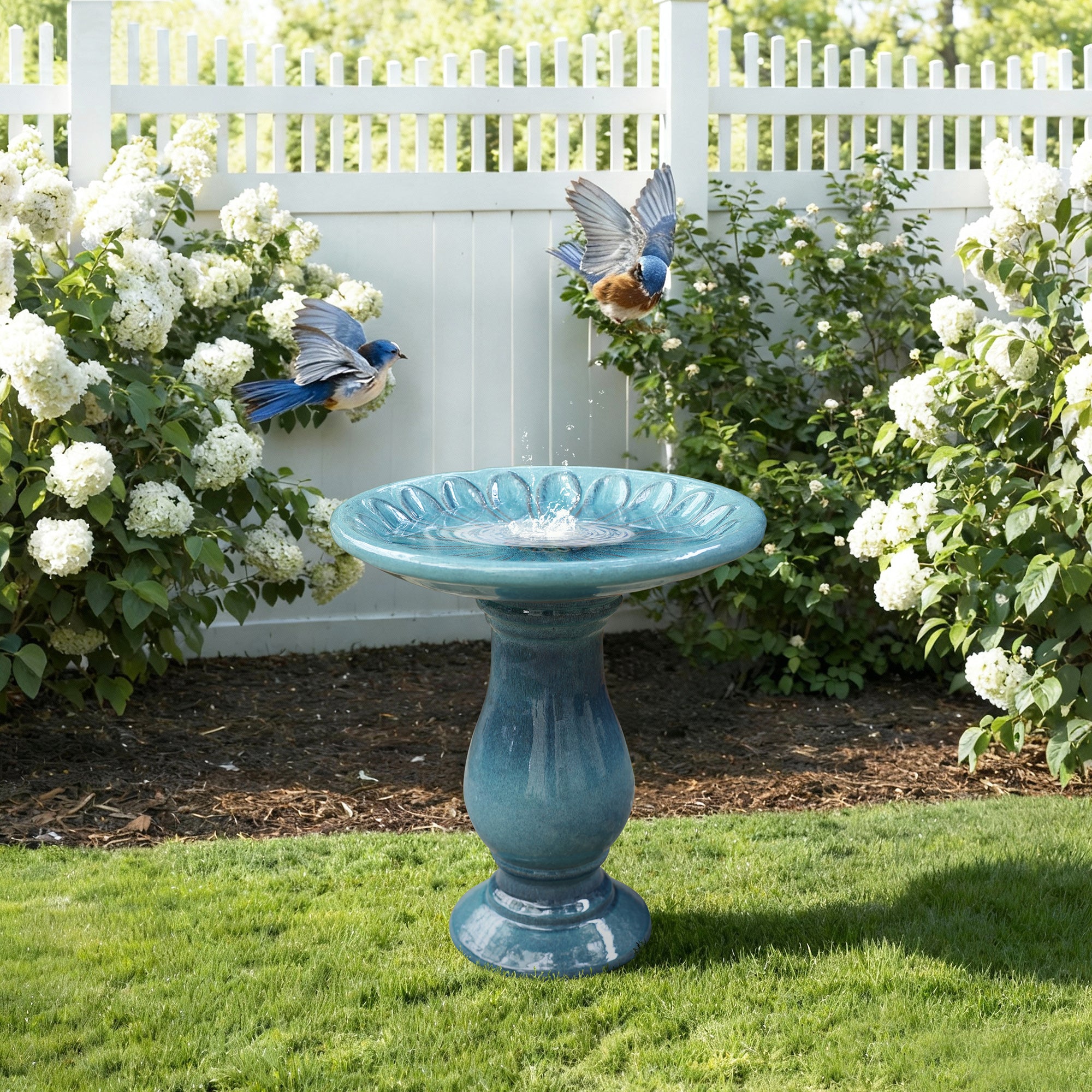 Blue-Green Glazed Ceramic Pedestal Birdbath, 21.5" Tall Outdoor Garden Accent