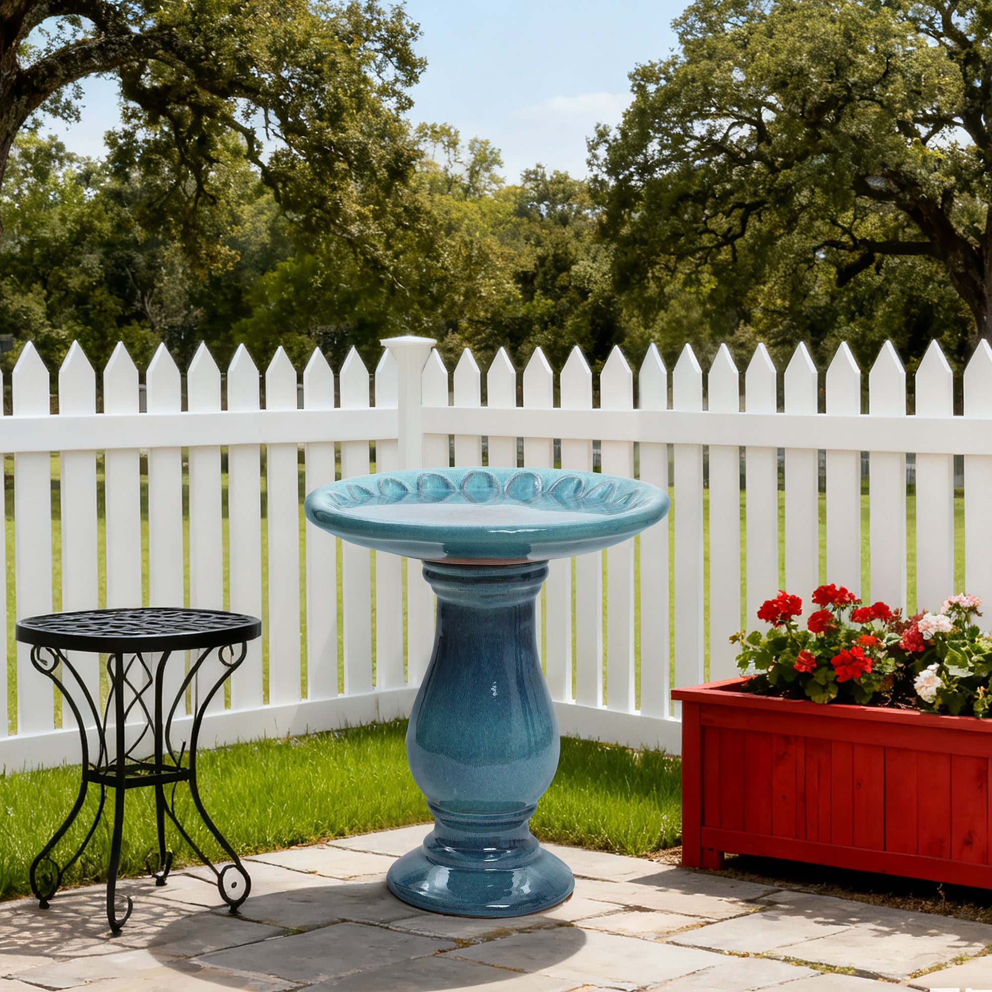 Blue-Green Glazed Ceramic Pedestal Birdbath, 21.5" Tall Outdoor Garden Accent