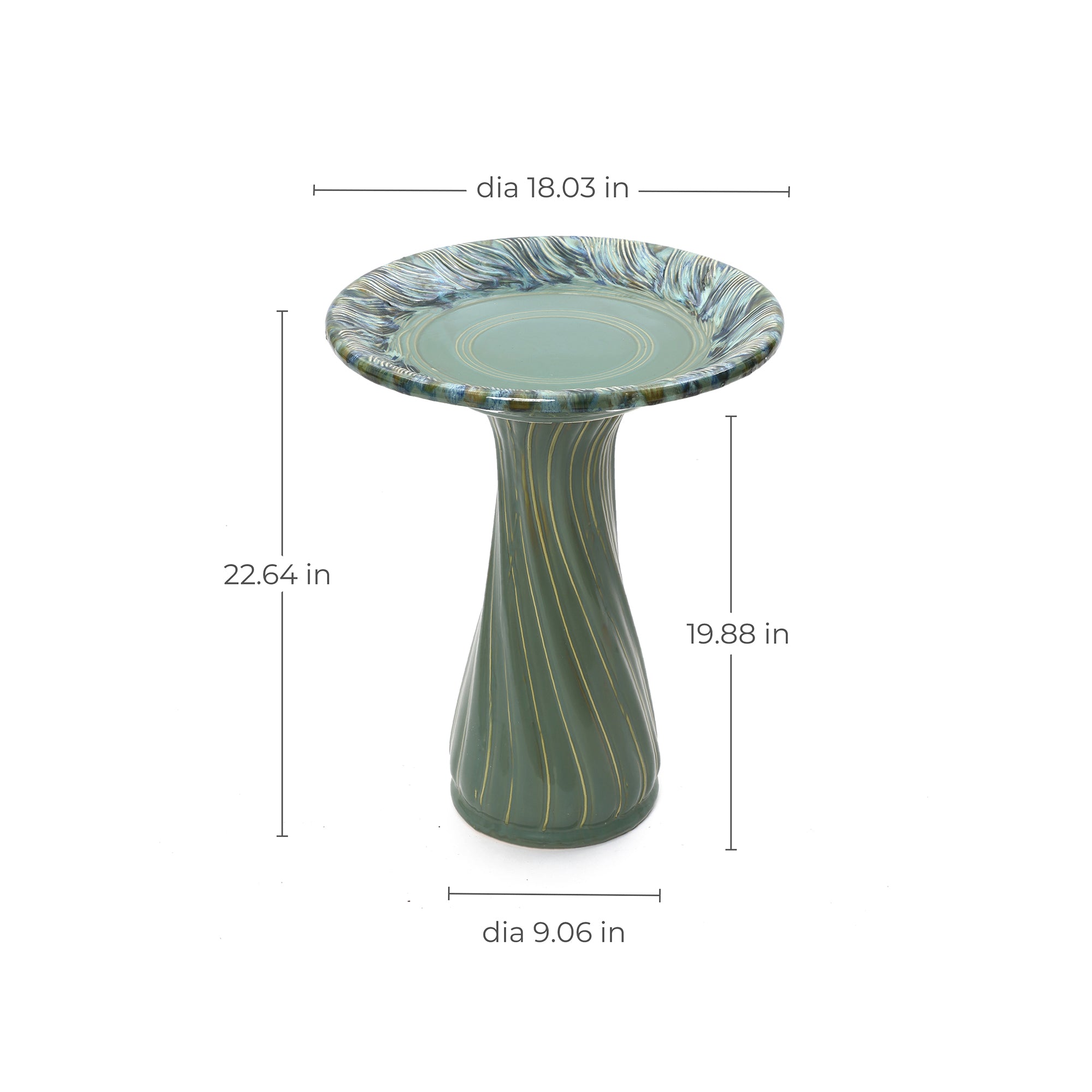 Marine Green Ceramic Birdbath with Swirl Pattern, Outdoor Garden Accent