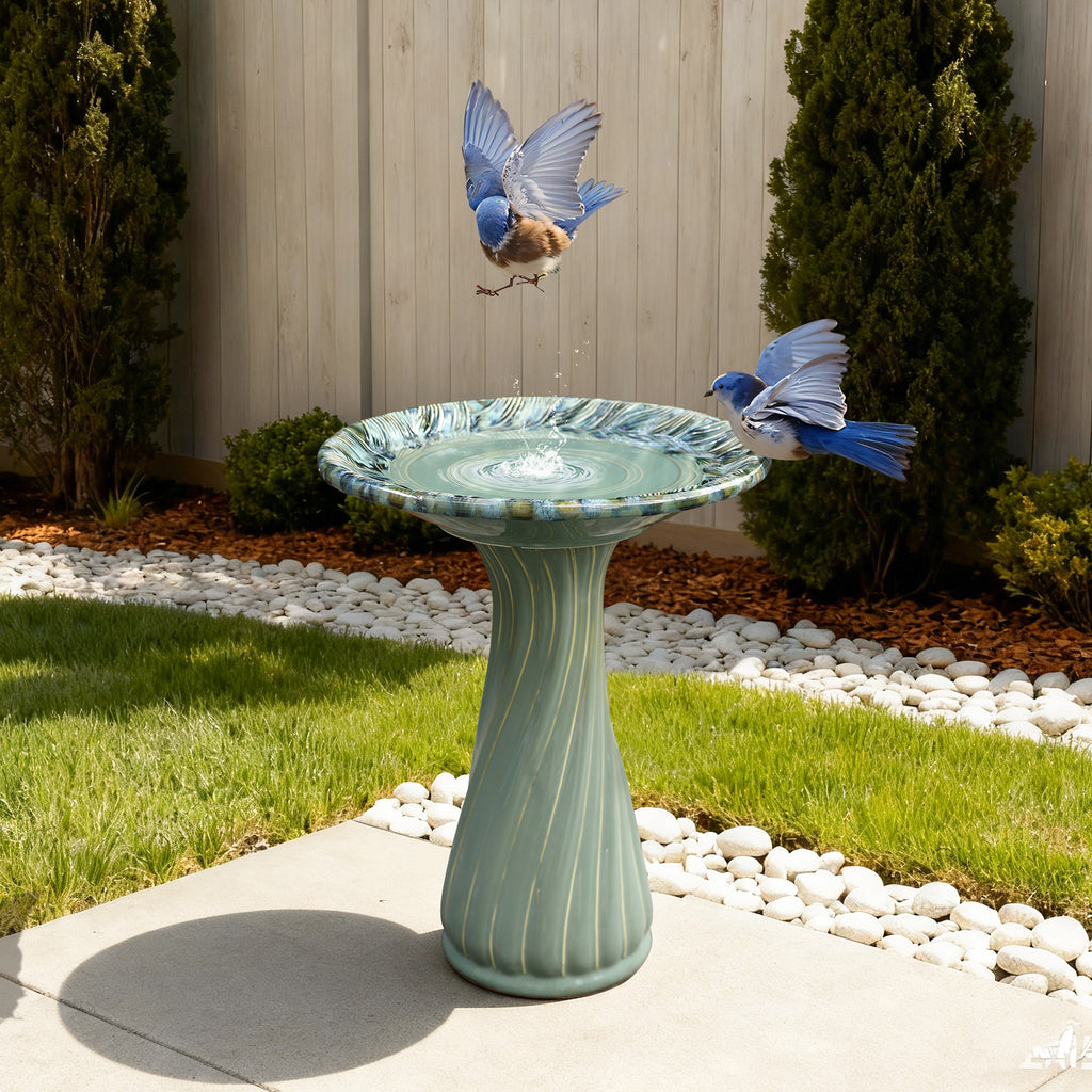 Marine Green Ceramic Birdbath with Swirl Pattern, Outdoor Garden Accent
