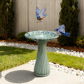 Marine Green Ceramic Birdbath with Swirl Pattern, Outdoor Garden Accent