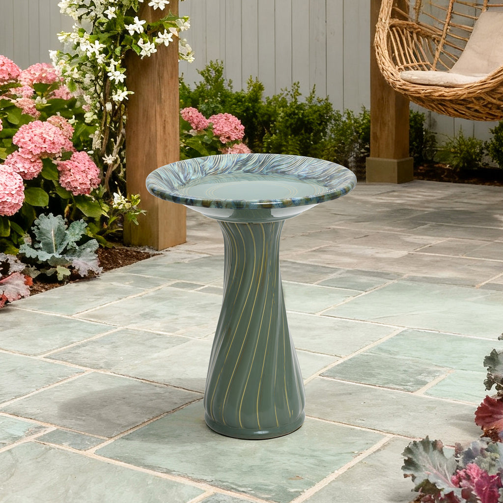 Marine Green Ceramic Birdbath with Swirl Pattern, Outdoor Garden Accent