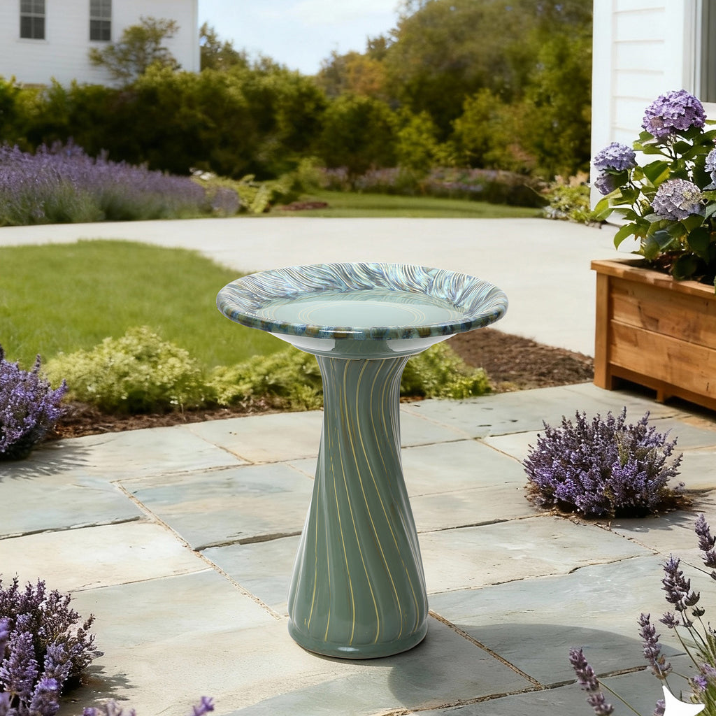 Marine Green Ceramic Birdbath with Swirl Pattern, Outdoor Garden Accent